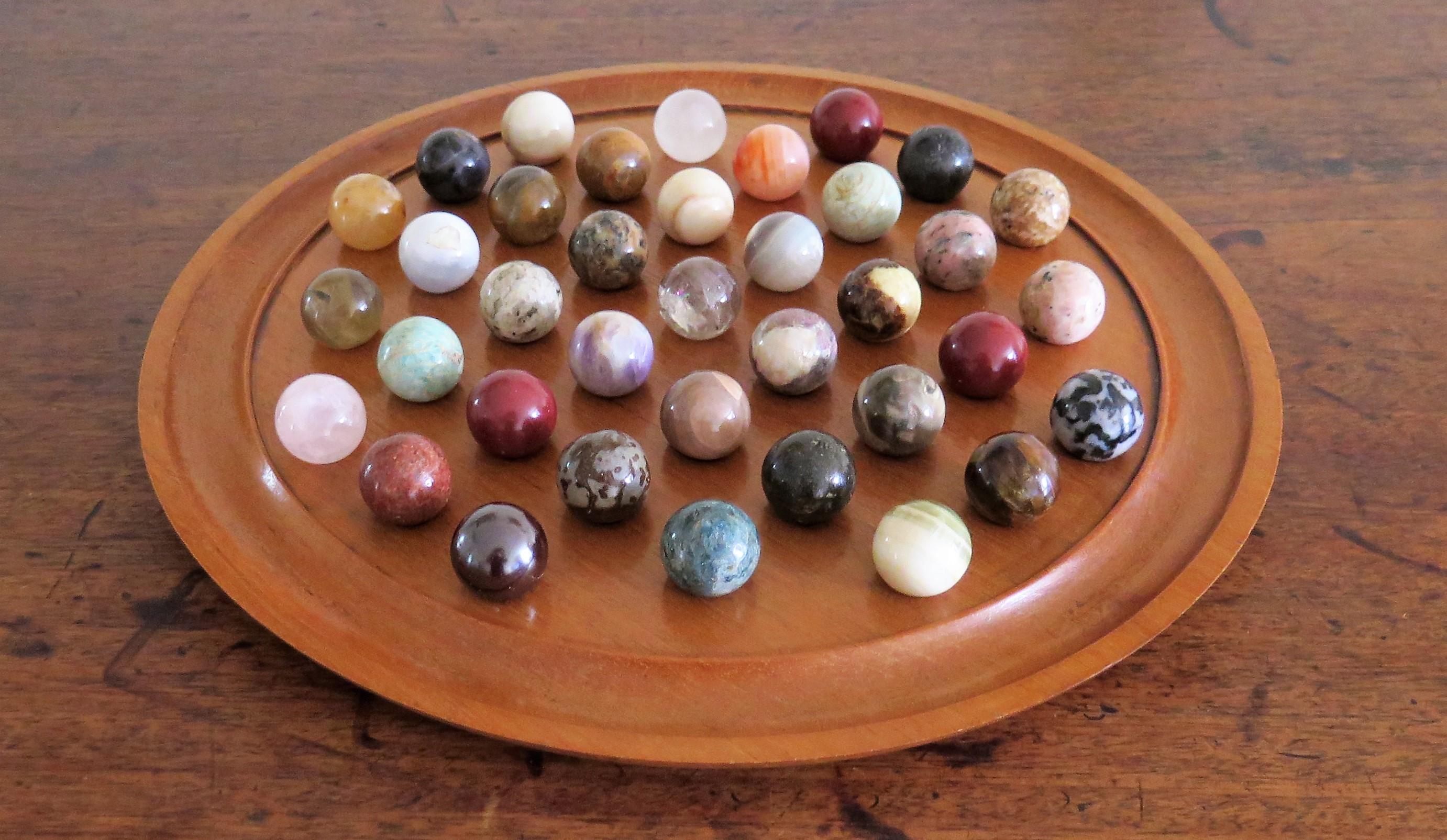 English Large Marble Solitaire Board Game with 37 Agate Marbles, Late 19th Century