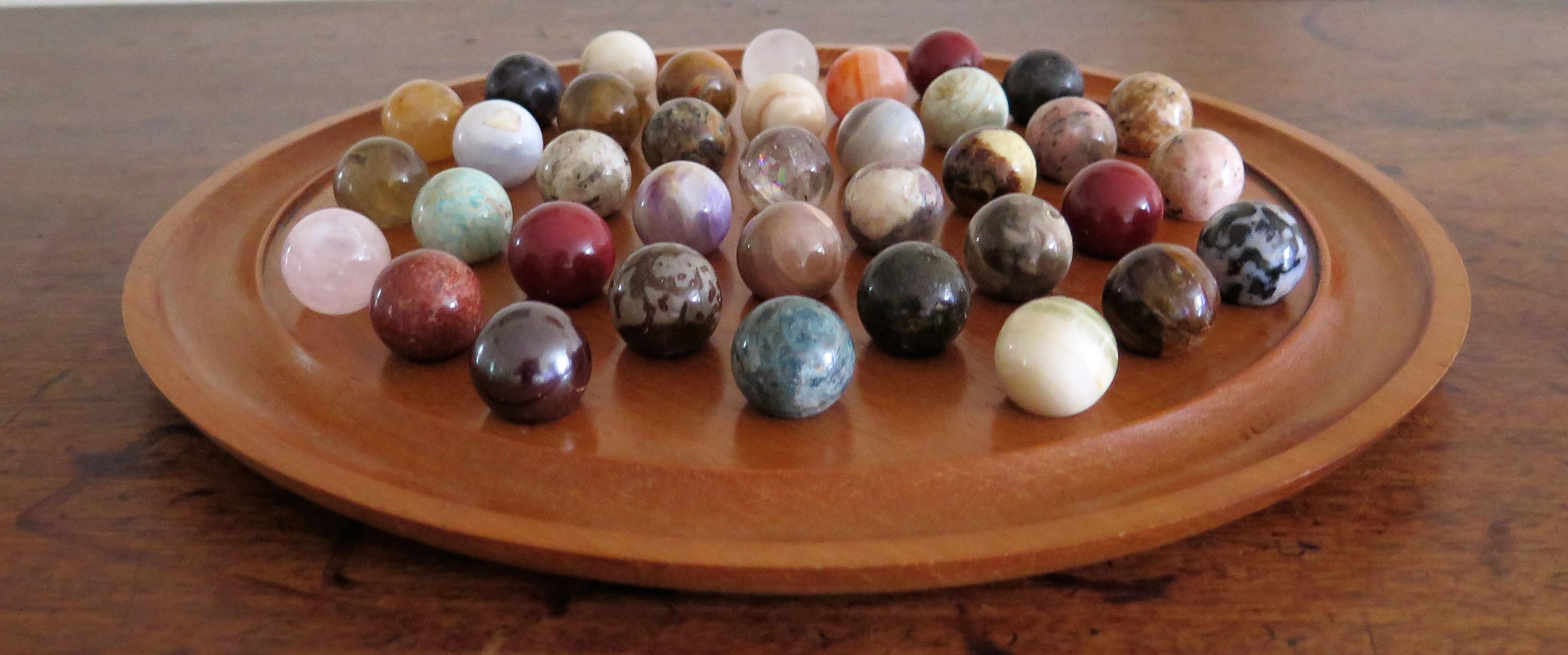 Hand-Crafted Large Marble Solitaire Board Game with 37 Agate Marbles, Late 19th Century
