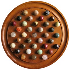 Large Marble Solitaire Board Game with 37 Agate Marbles, Late 19th Century