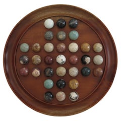 Large Marble Solitaire Game with 35 Mineral Stone Marbles, French 1920s