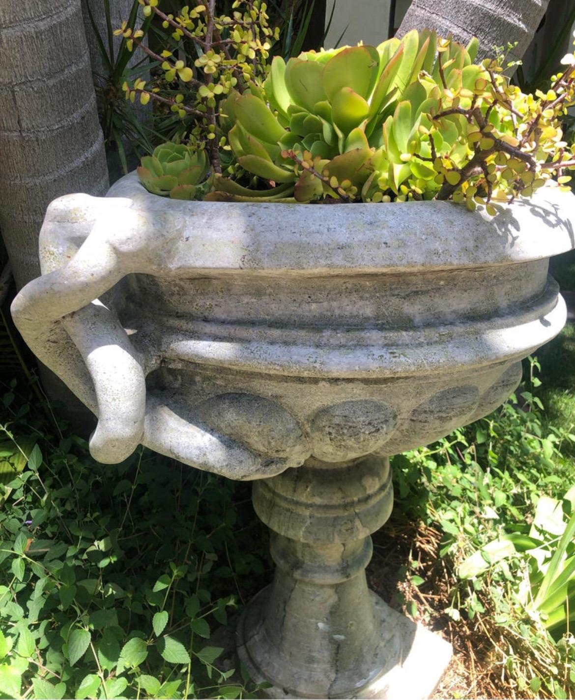 Italian Large Marble/Stone Planter / Urn with twisted Snake Handles Jardiniere For Sale