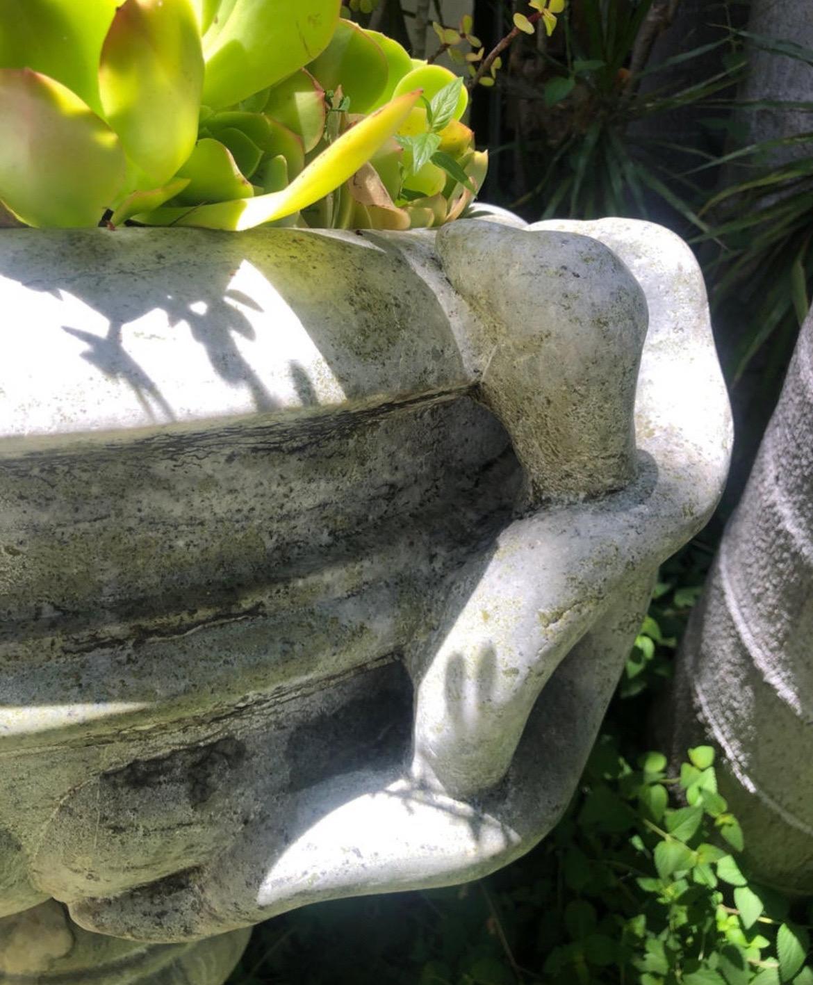 Carved Large Marble/Stone Planter / Urn with twisted Snake Handles Jardiniere For Sale