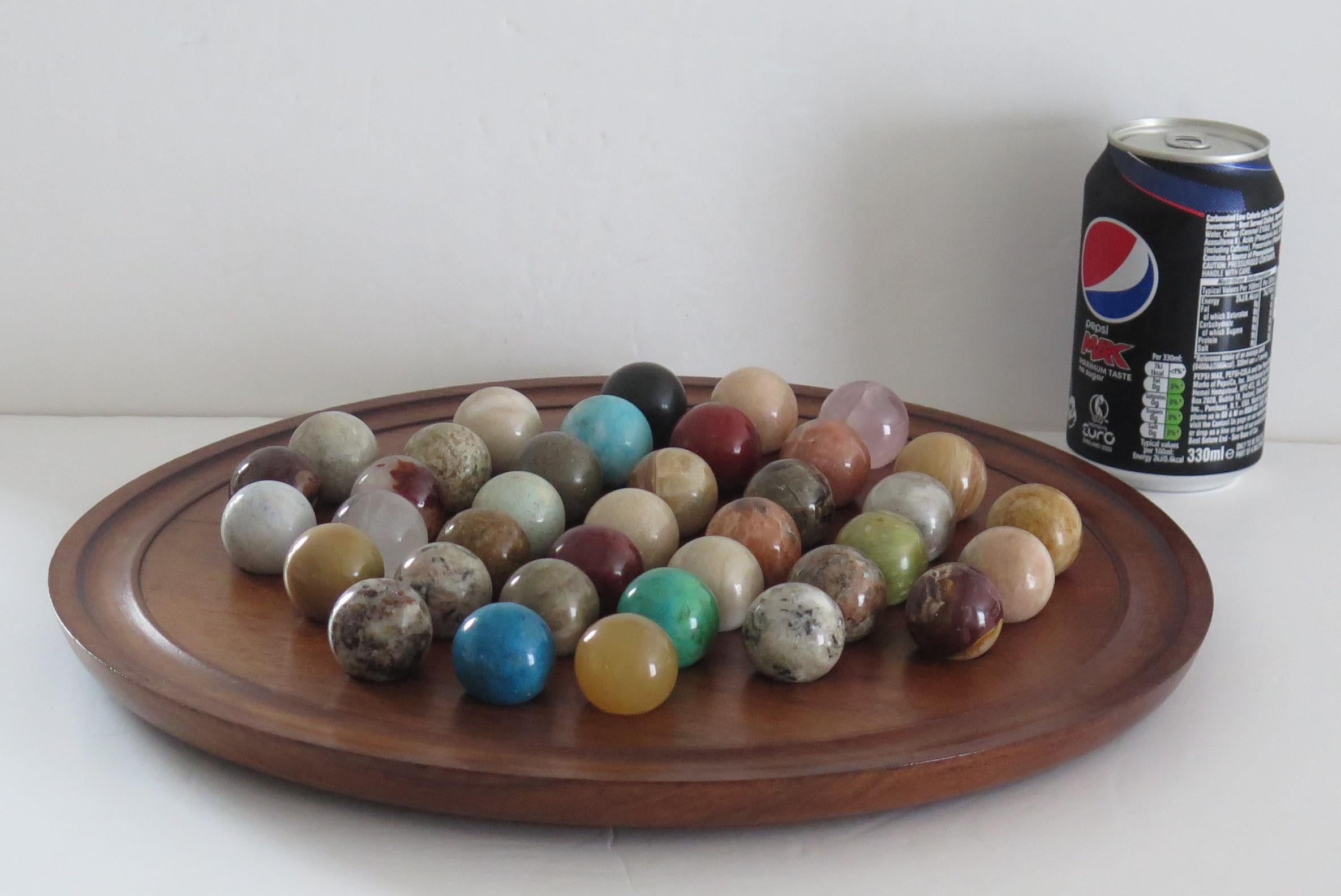 Large Marble Table Solitaire Game with 37 Mineral Stone Marbles, French Ca. 1920 1