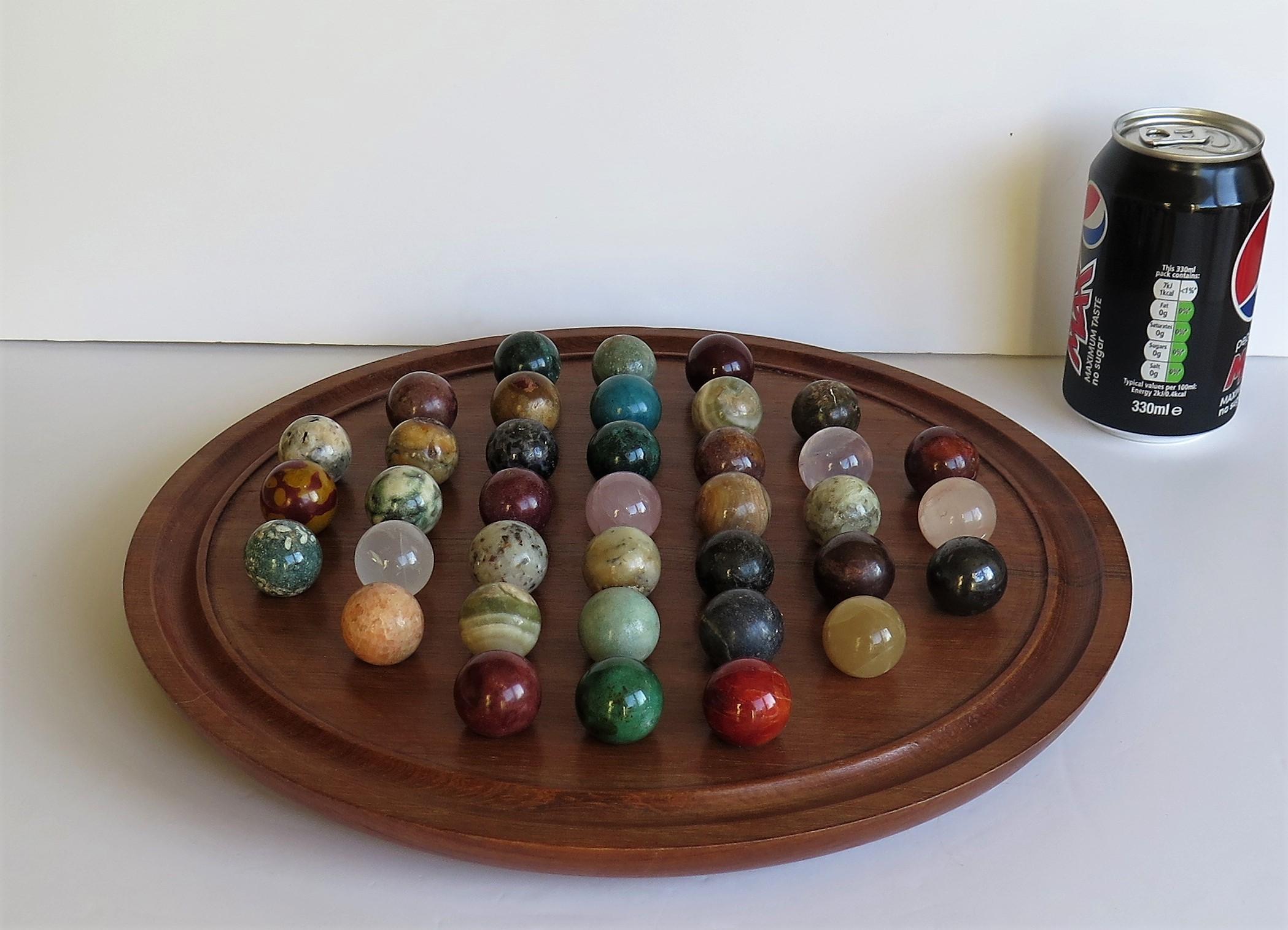 Large Marble Table Solitaire Game with 37 Mineral Stone Marbles, circa 1920 12