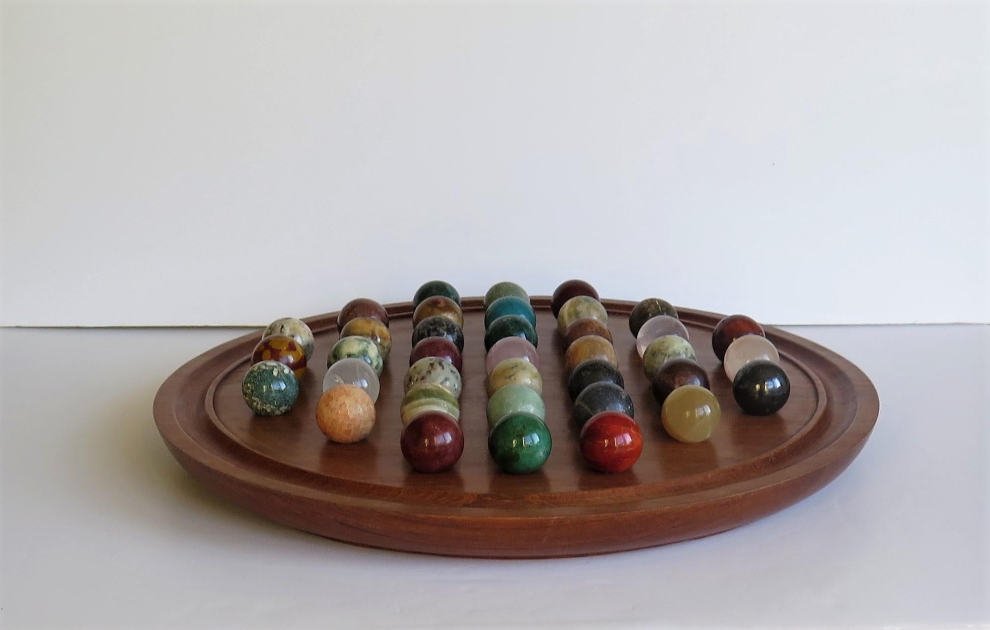 Victorian Large Marble Table Solitaire Game with 37 Mineral Stone Marbles, circa 1920
