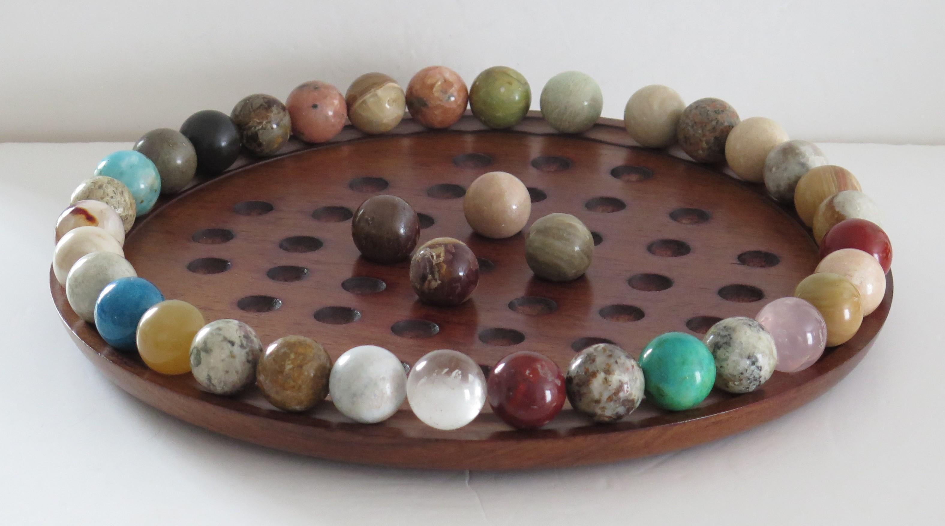 Victorian Large Marble Table Solitaire Game with 37 Mineral Stone Marbles, French Ca. 1920
