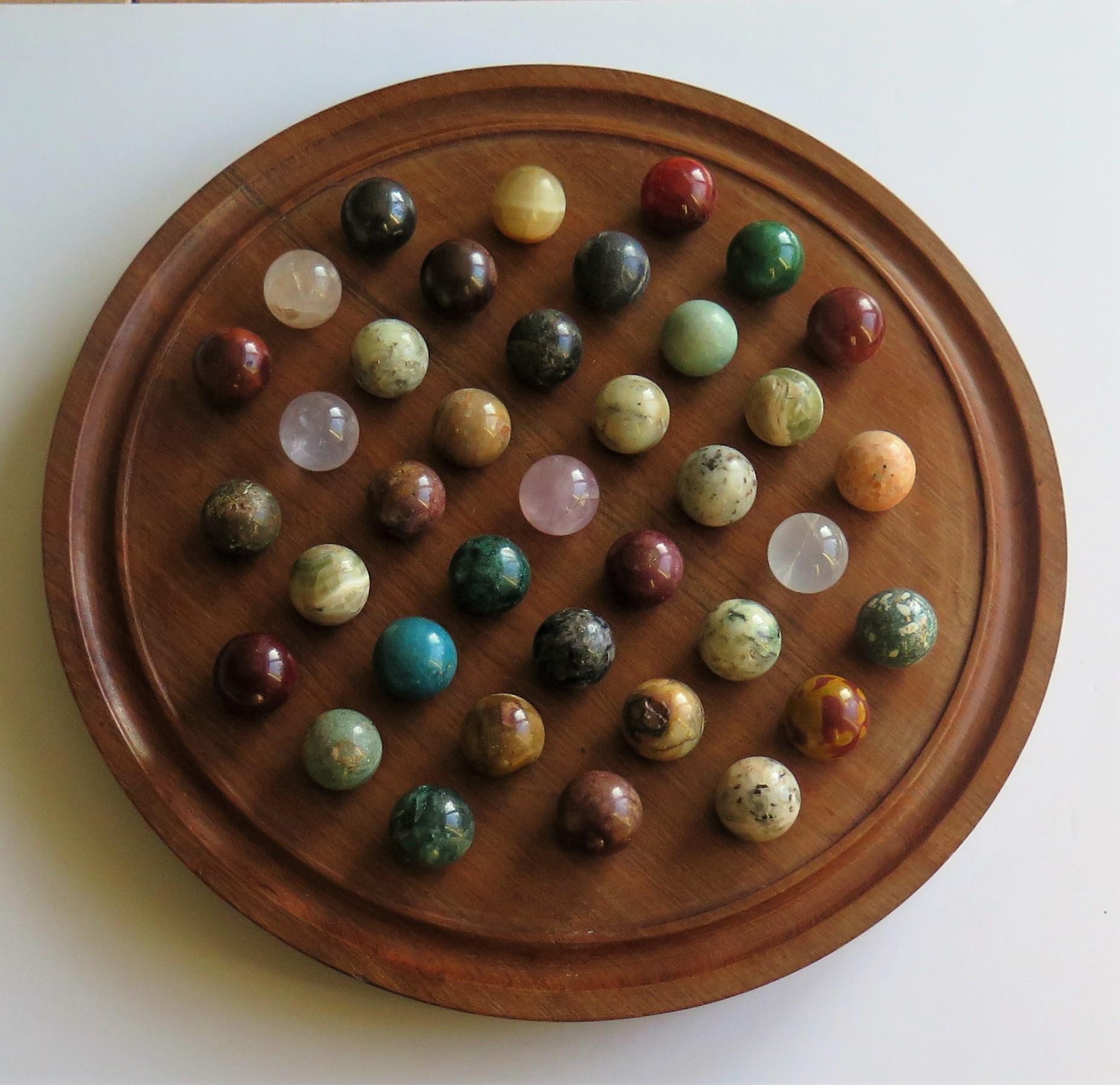 20th Century Large Marble Table Solitaire Game with 37 Mineral Stone Marbles, circa 1920