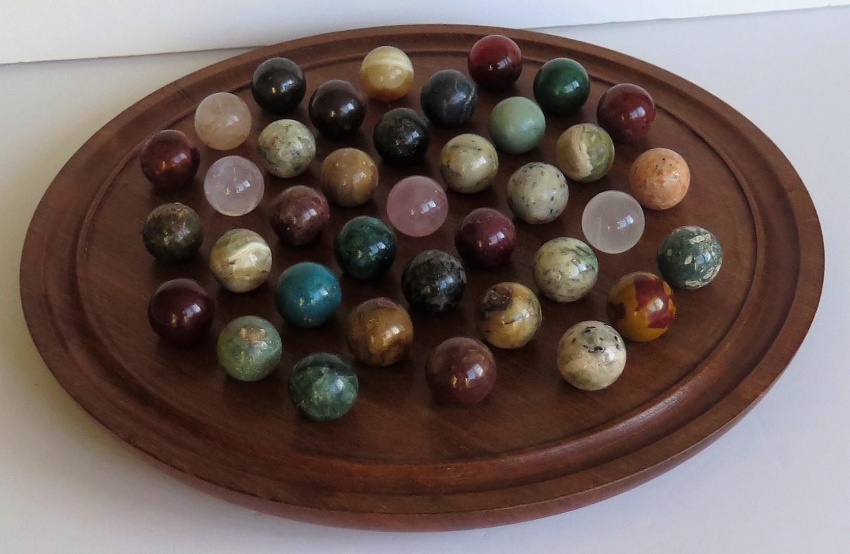Large Marble Table Solitaire Game with 37 Mineral Stone Marbles, circa 1920 1