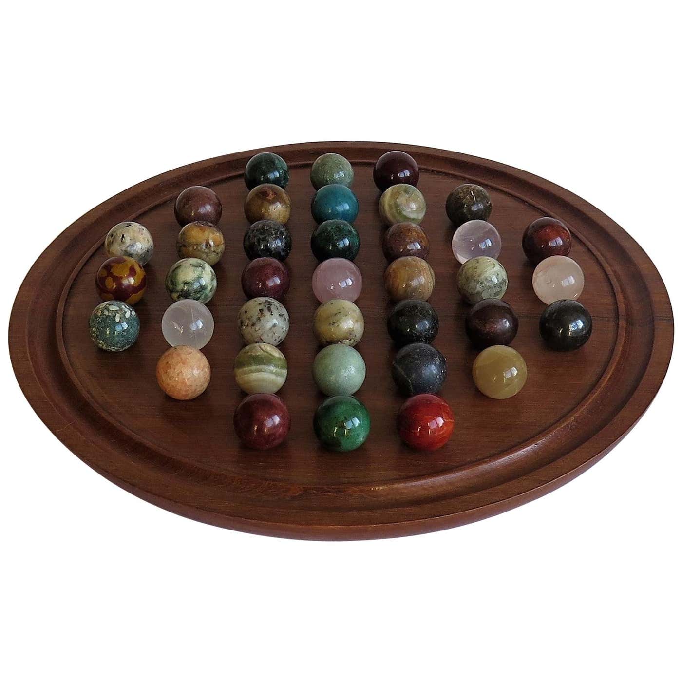 Large Marble Table Solitaire Game with 37 Mineral Stone Marbles, circa ...