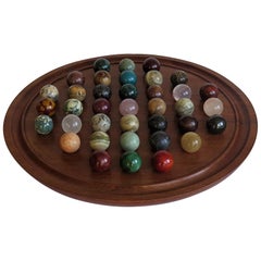Antique Large Marble Table Solitaire Game with 37 Mineral Stone Marbles, circa 1920