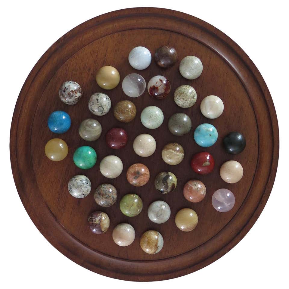 Large Table Marble Solitaire Game with 36 Mineral Stone Marbles, circa ...