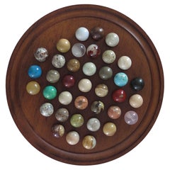 Large Marble Table Solitaire Game with 37 Mineral Stone Marbles, French Ca. 1920