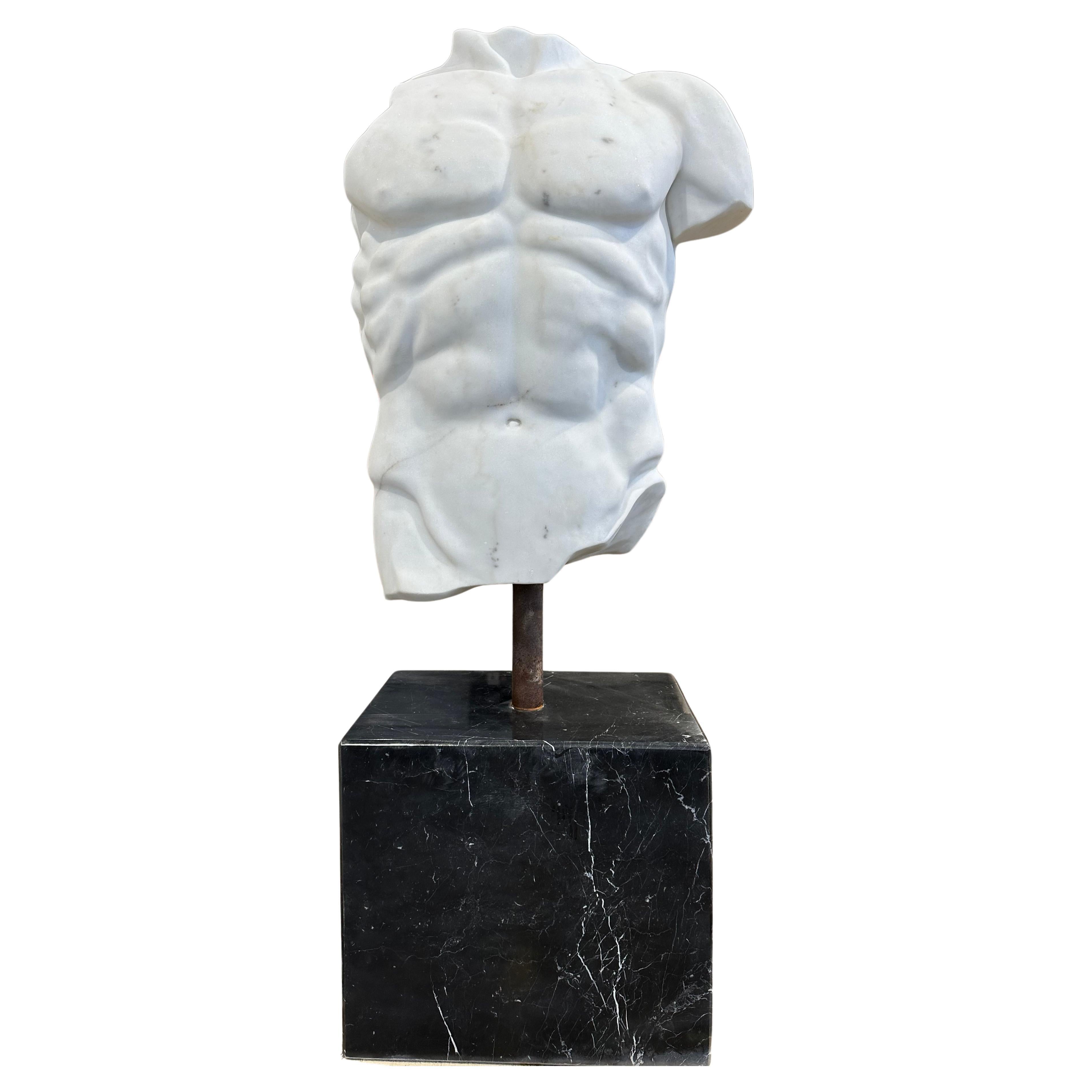 Large Marble Torso On Black Marble Stand