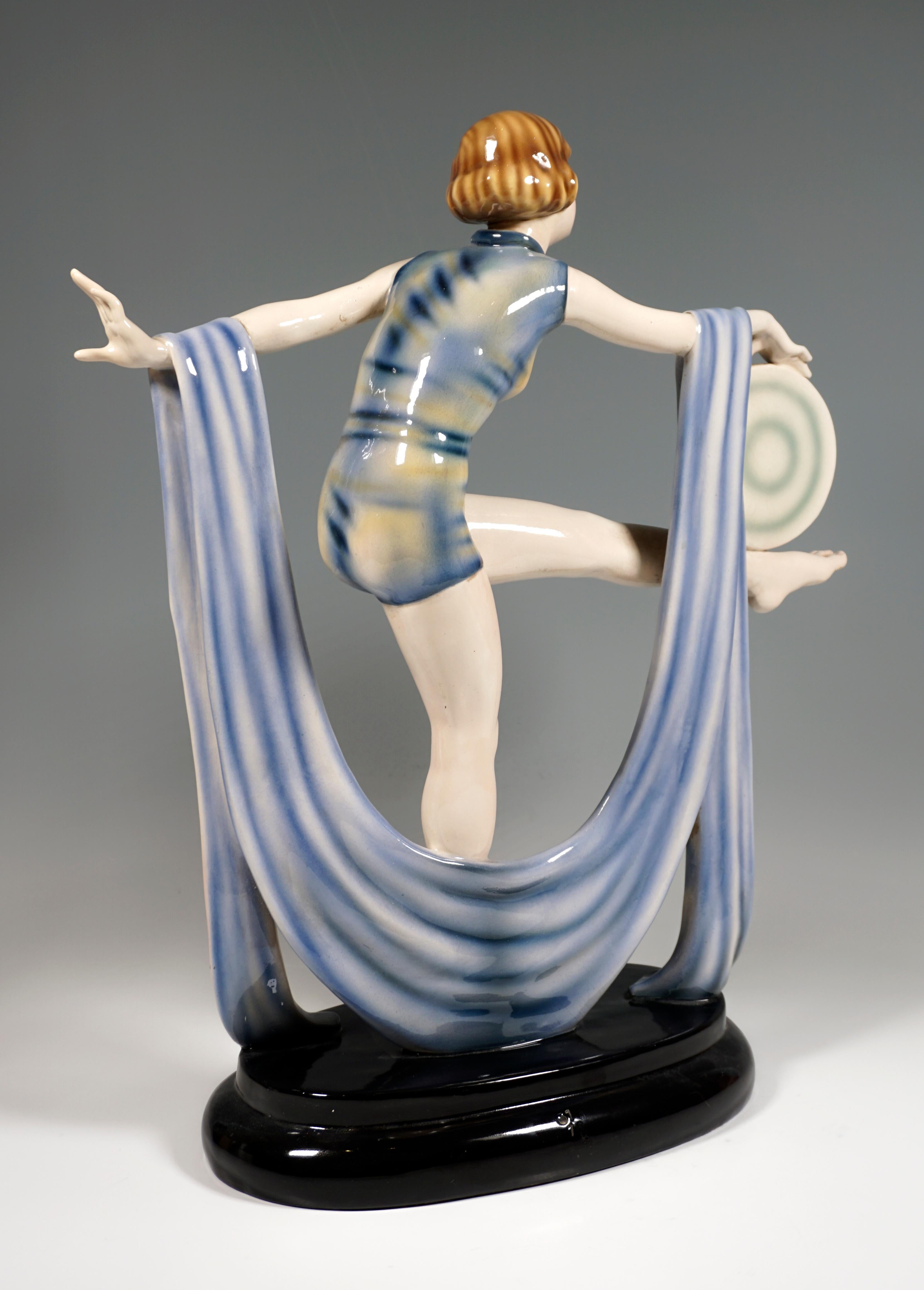 Austrian Large Marcell Goldscheider Art Deco Figure, Dancer with Cloth and Disc, C. 1930