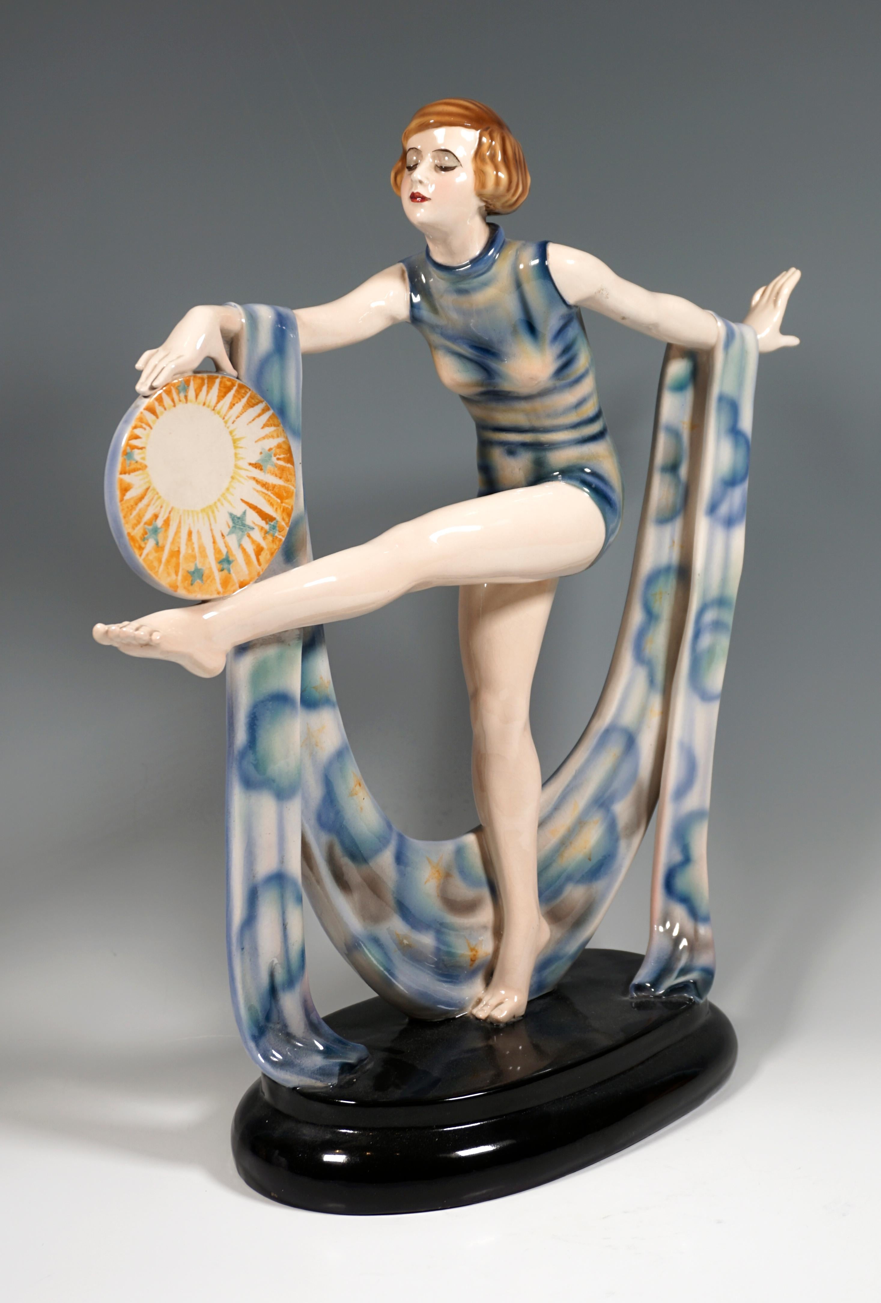 Hand-Crafted Large Marcell Goldscheider Art Deco Figure, Dancer with Cloth and Disc, C. 1930