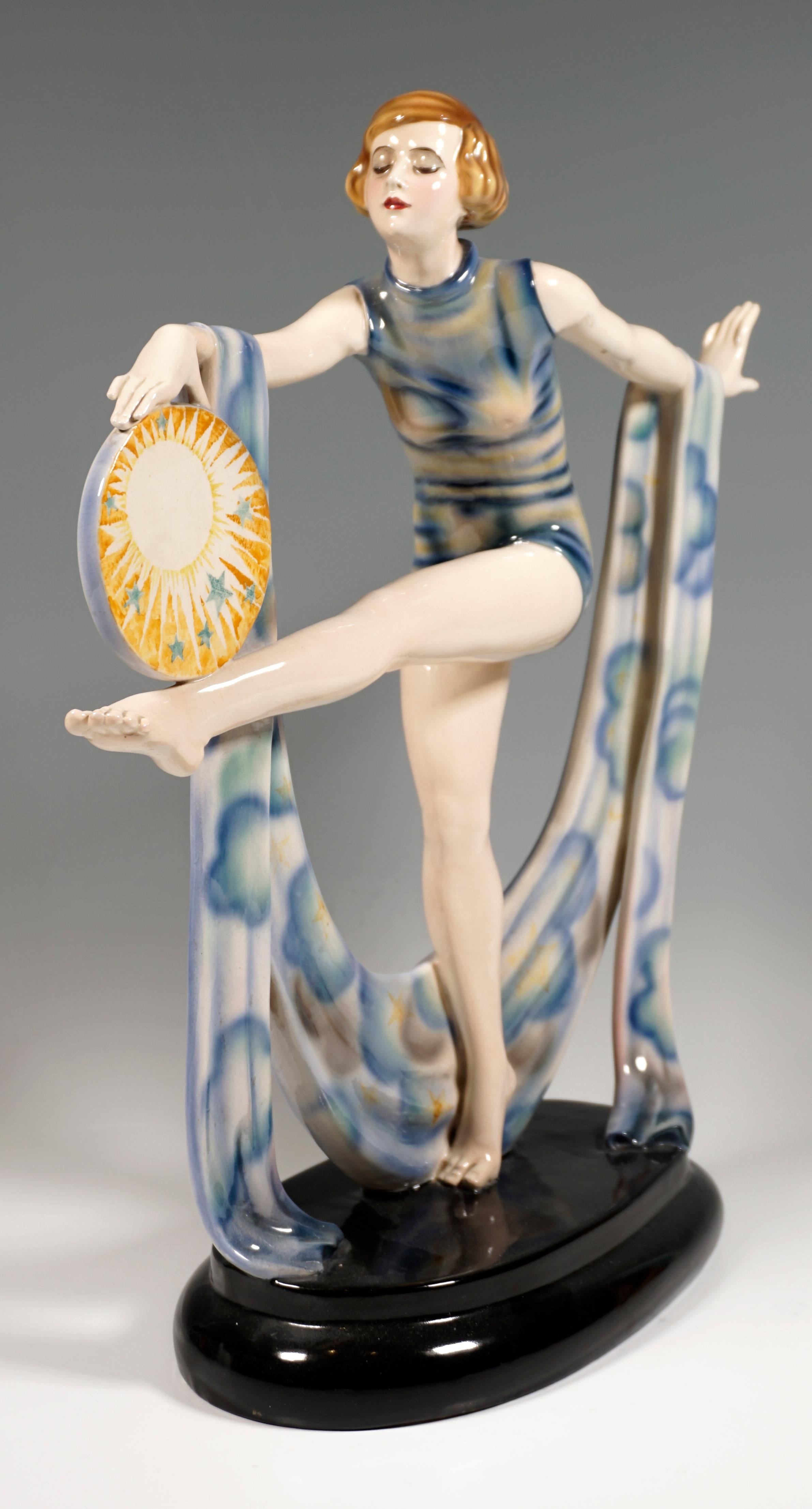 Mid-20th Century Large Marcell Goldscheider Art Deco Figure, Dancer with Cloth and Disc, C. 1930
