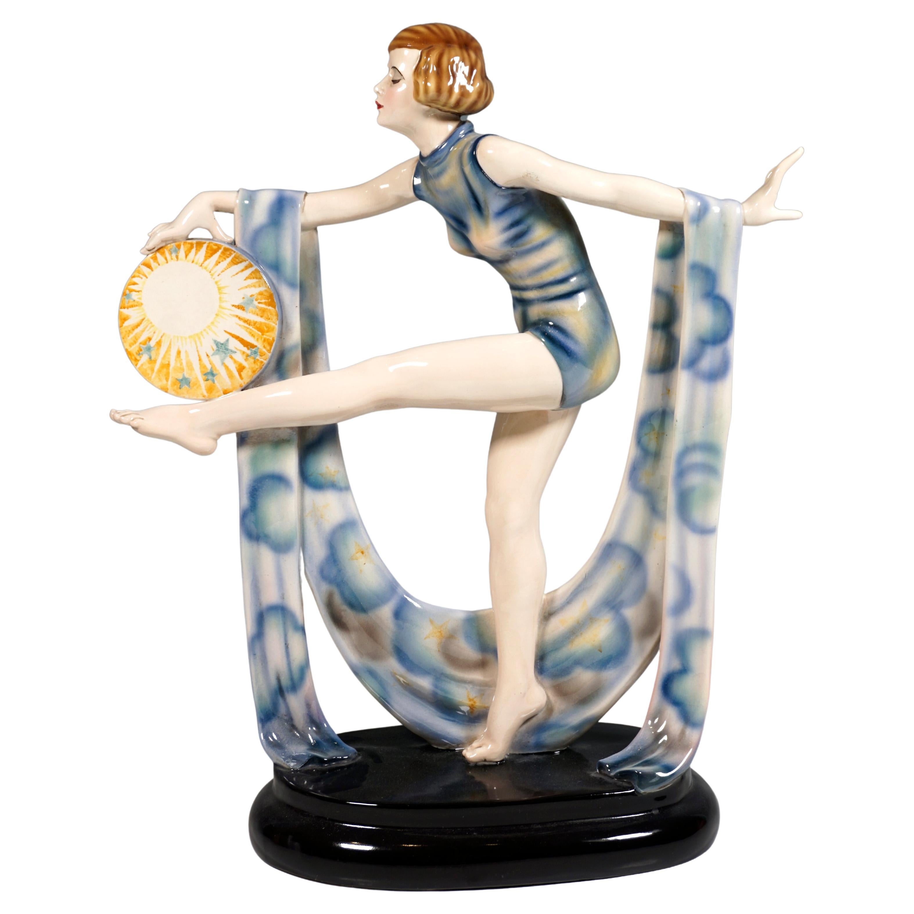 Large Marcell Goldscheider Art Deco Figure, Dancer with Cloth and Disc, C. 1930