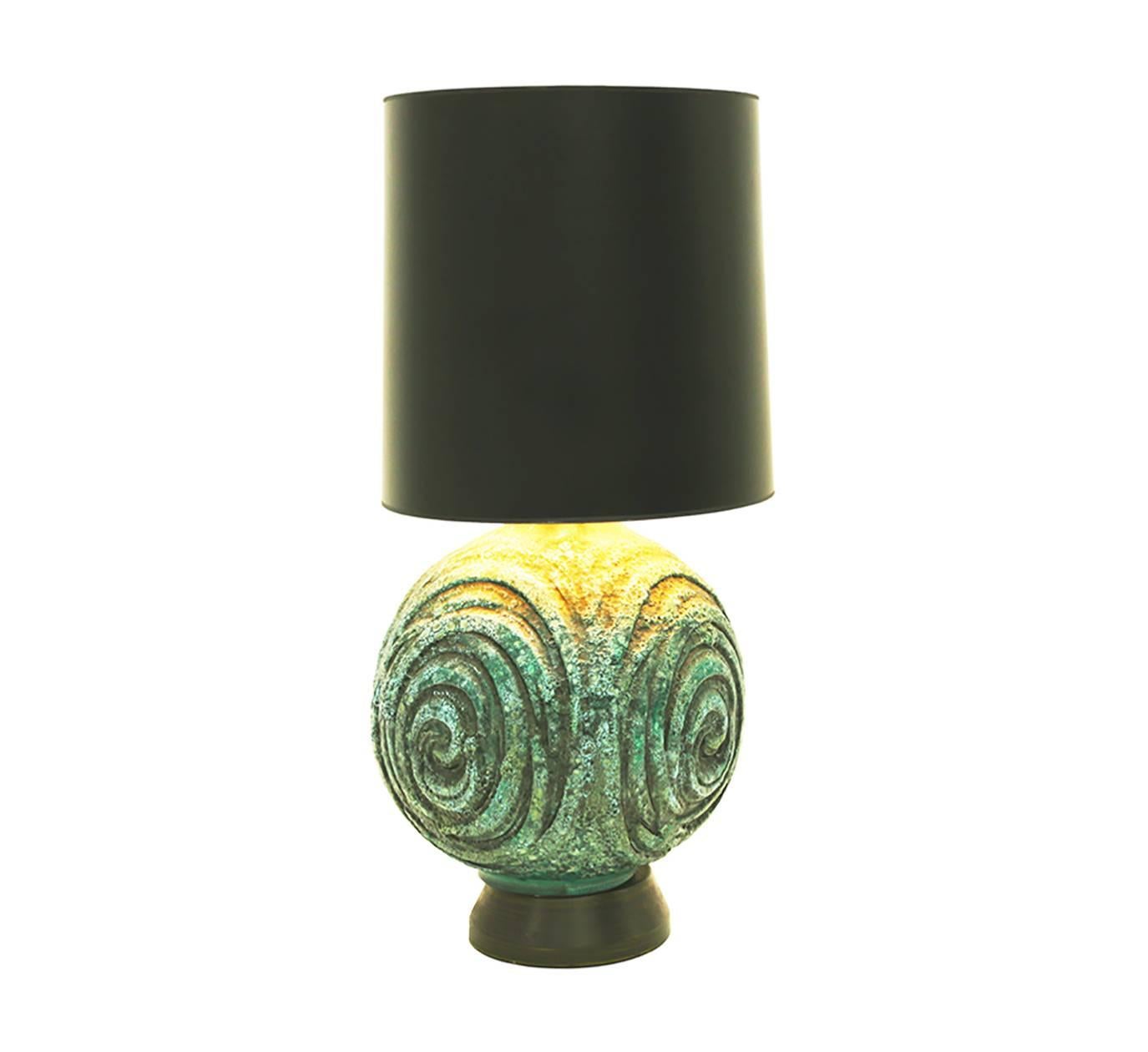 Vintage green ceramic Marcello Fantoni lamp with spiral pattern and metal base.
Shade not included.