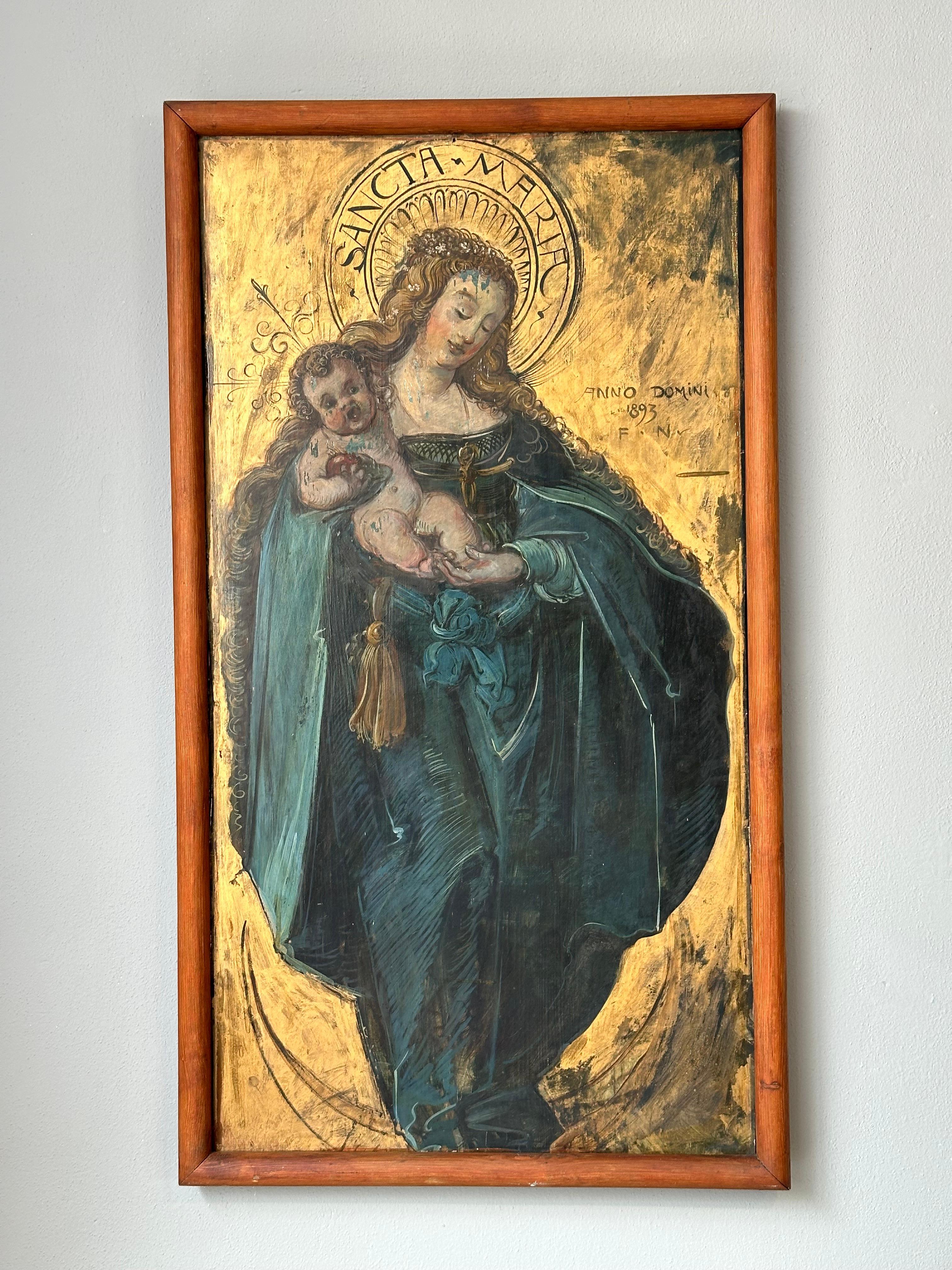 Embrace the divine serenity of a painting depicting Maria and the newborn Jesus—an exquisite portrayal of maternal love and sacred grace, brought to life with masterful artistry. The painting comes with a wooden frame.