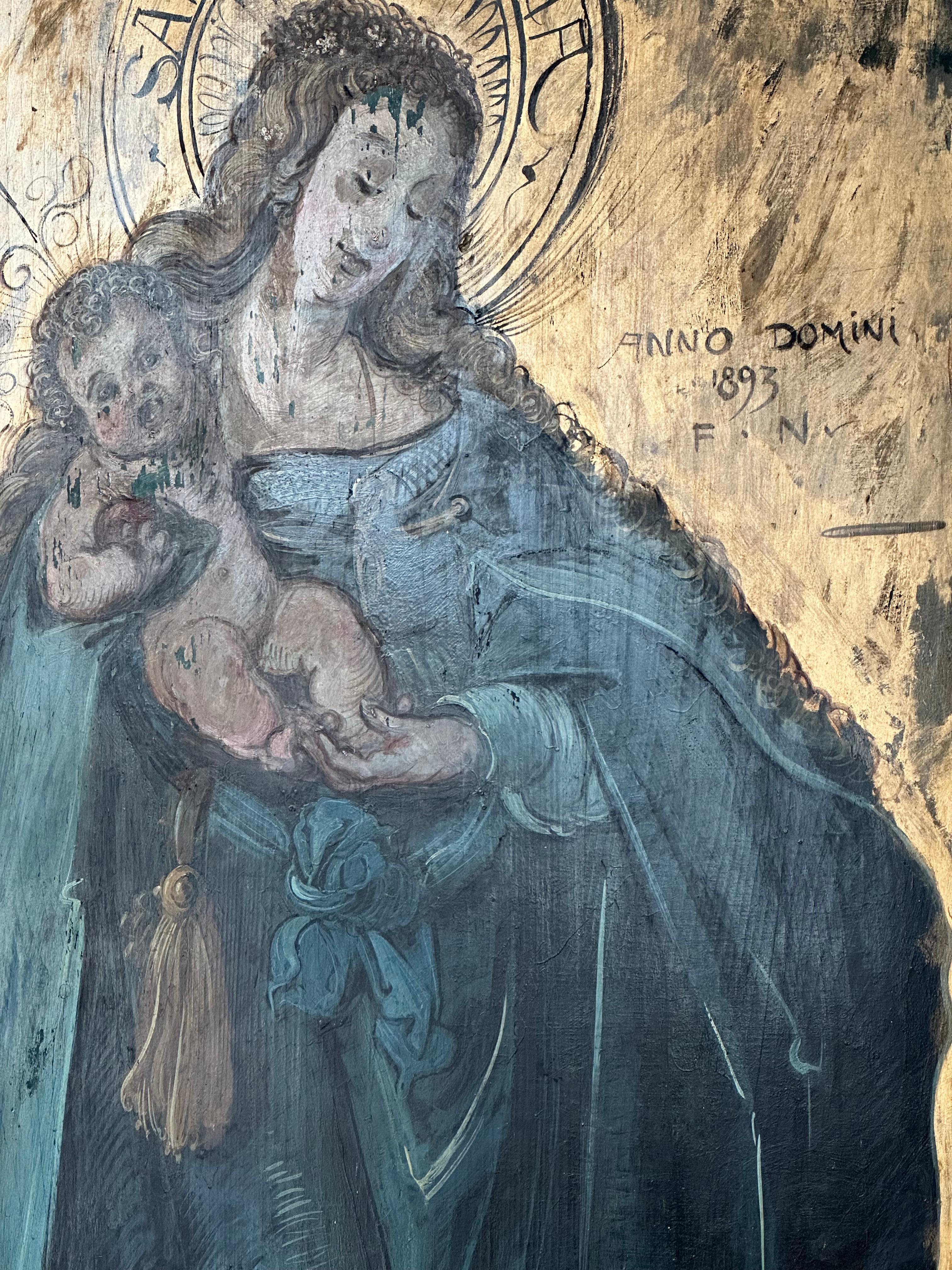 Wood Large Maria and Child „Sancta Maria” Painting For Sale