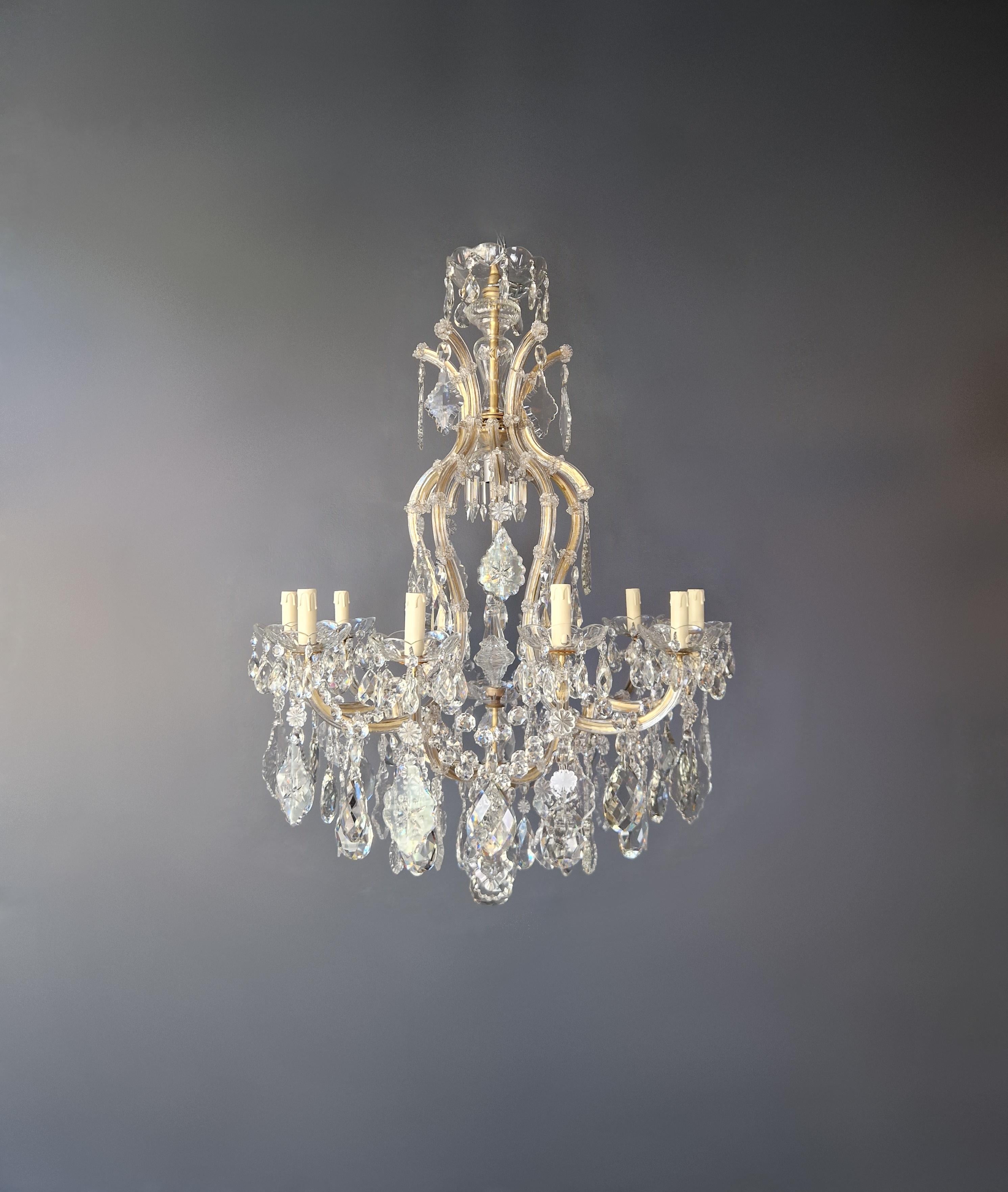 Old chandelier with love and professionally restored in Berlin. electrical wiring works in the US. Re-wired and ready to hang. not one missing. Cabling completely renewed. Crystal, hand-knotted.

The frame is fully dressed all-over with glass. Cut