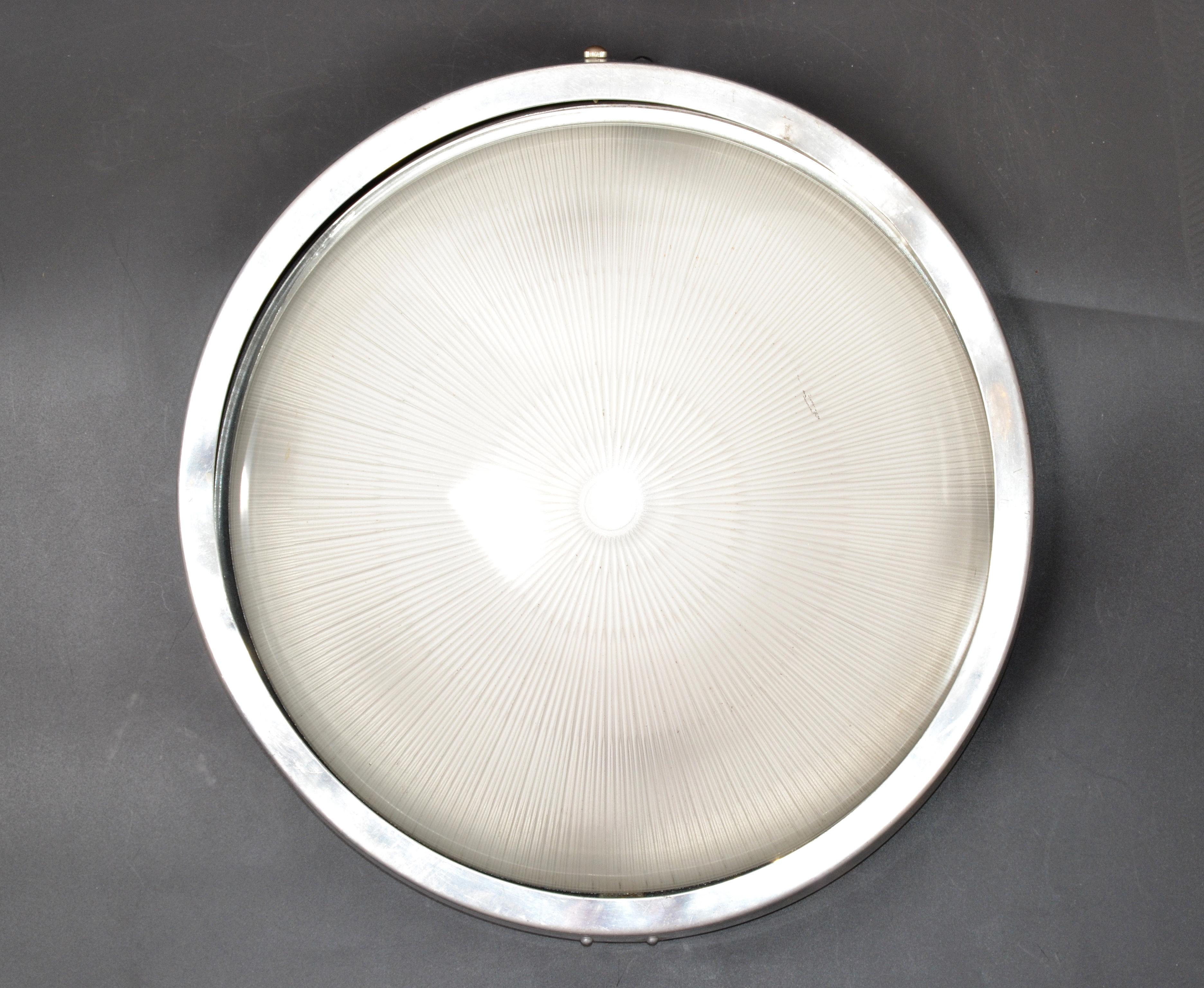 Mid-Century Modern Large Marine Flush Mount, Ceiling Light in Aluminum & Glass by Holophane France For Sale