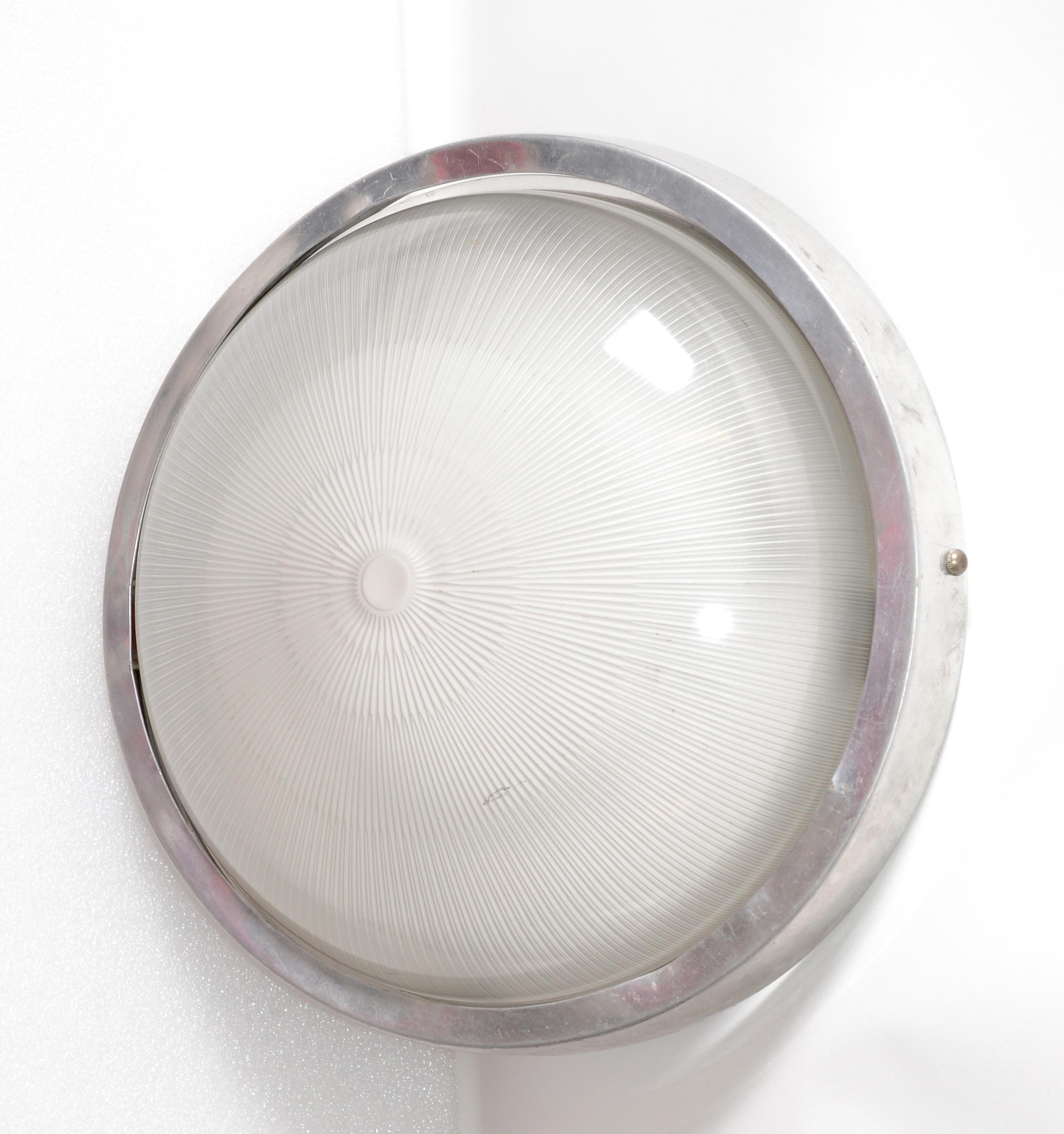 French Large Marine Flush Mount, Ceiling Light in Aluminum & Glass by Holophane France For Sale