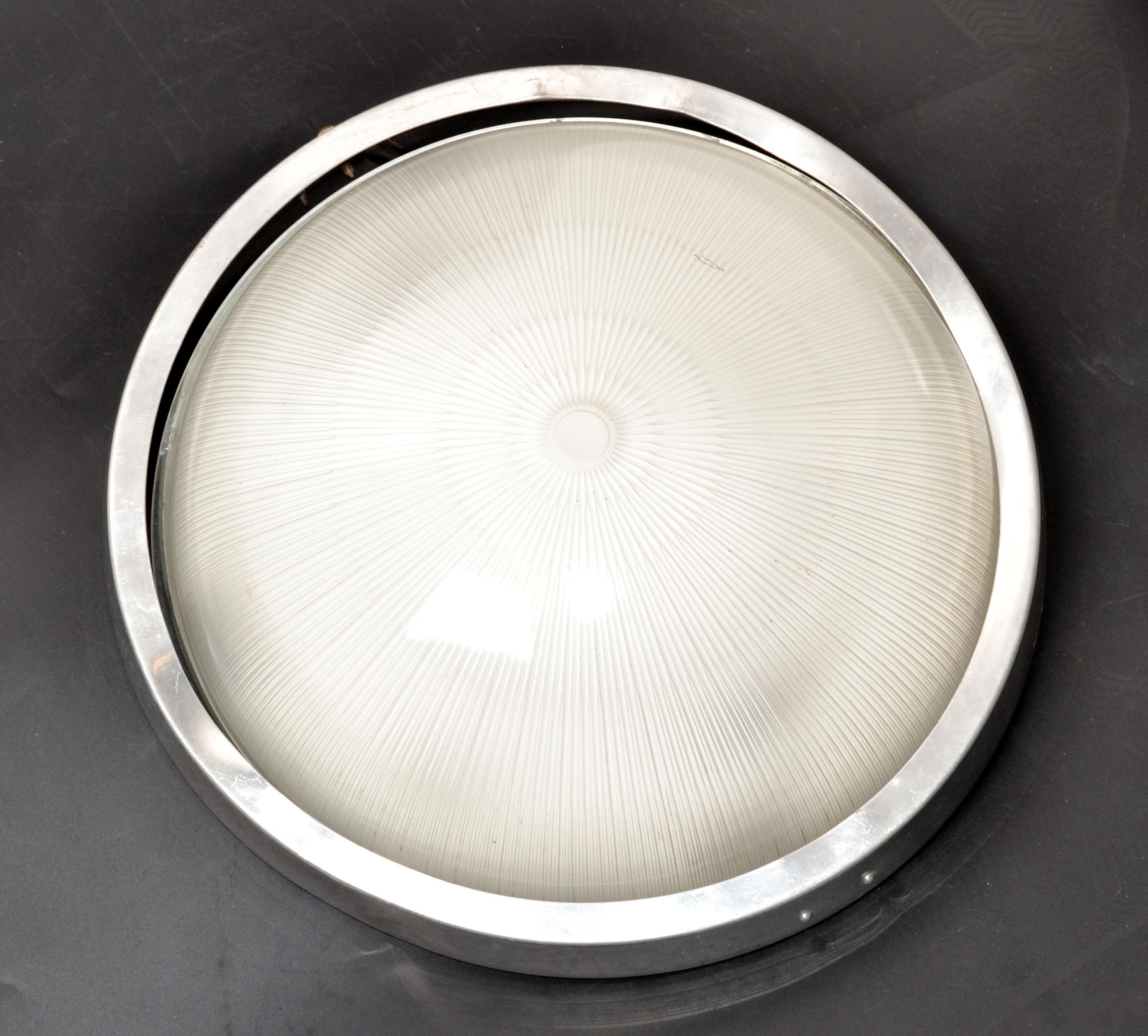 Large Marine Flush Mount, Ceiling Light in Aluminum & Glass by Holophane France In Fair Condition For Sale In Miami, FL