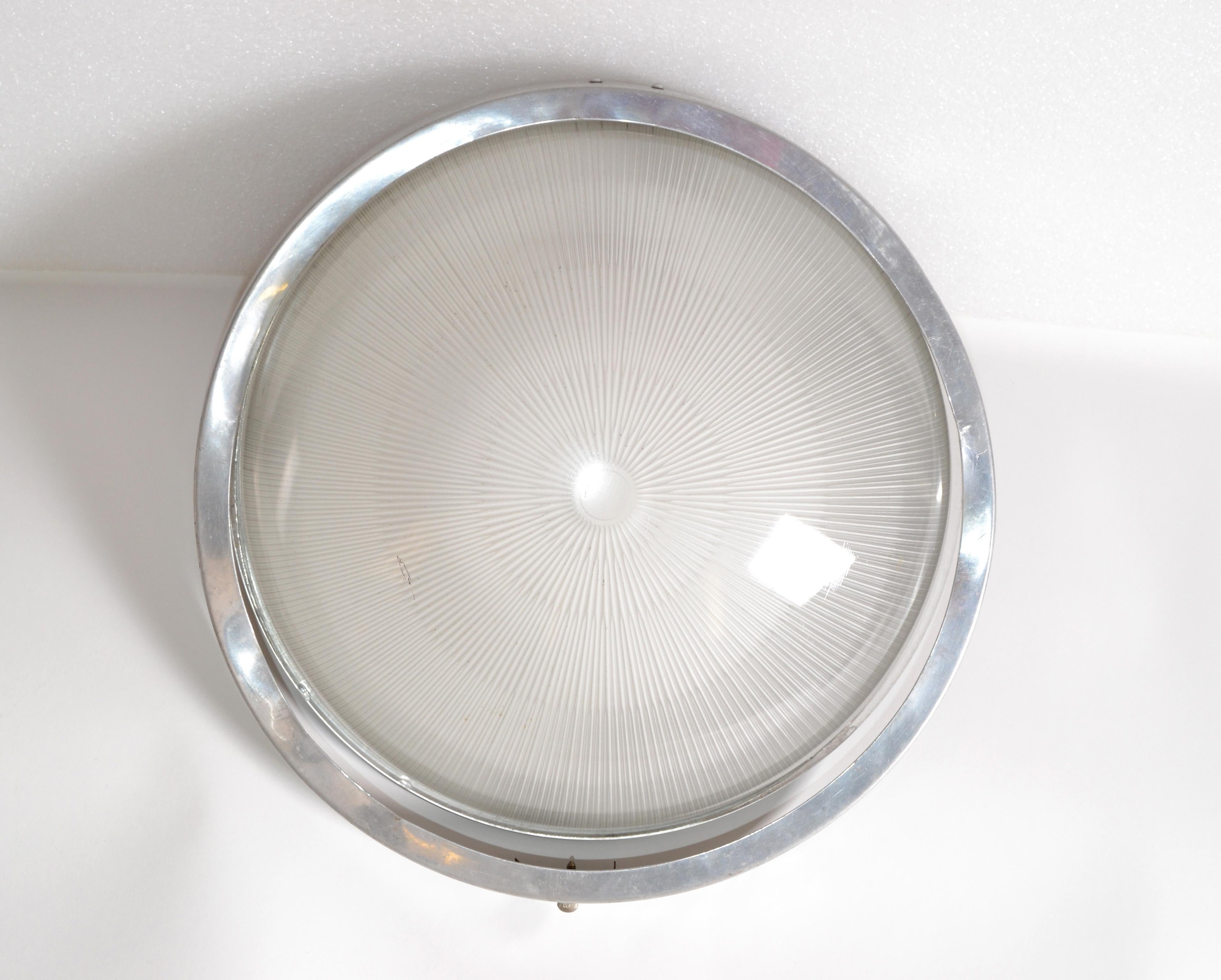 Mid-20th Century Large Marine Flush Mount, Ceiling Light in Aluminum & Glass by Holophane France For Sale