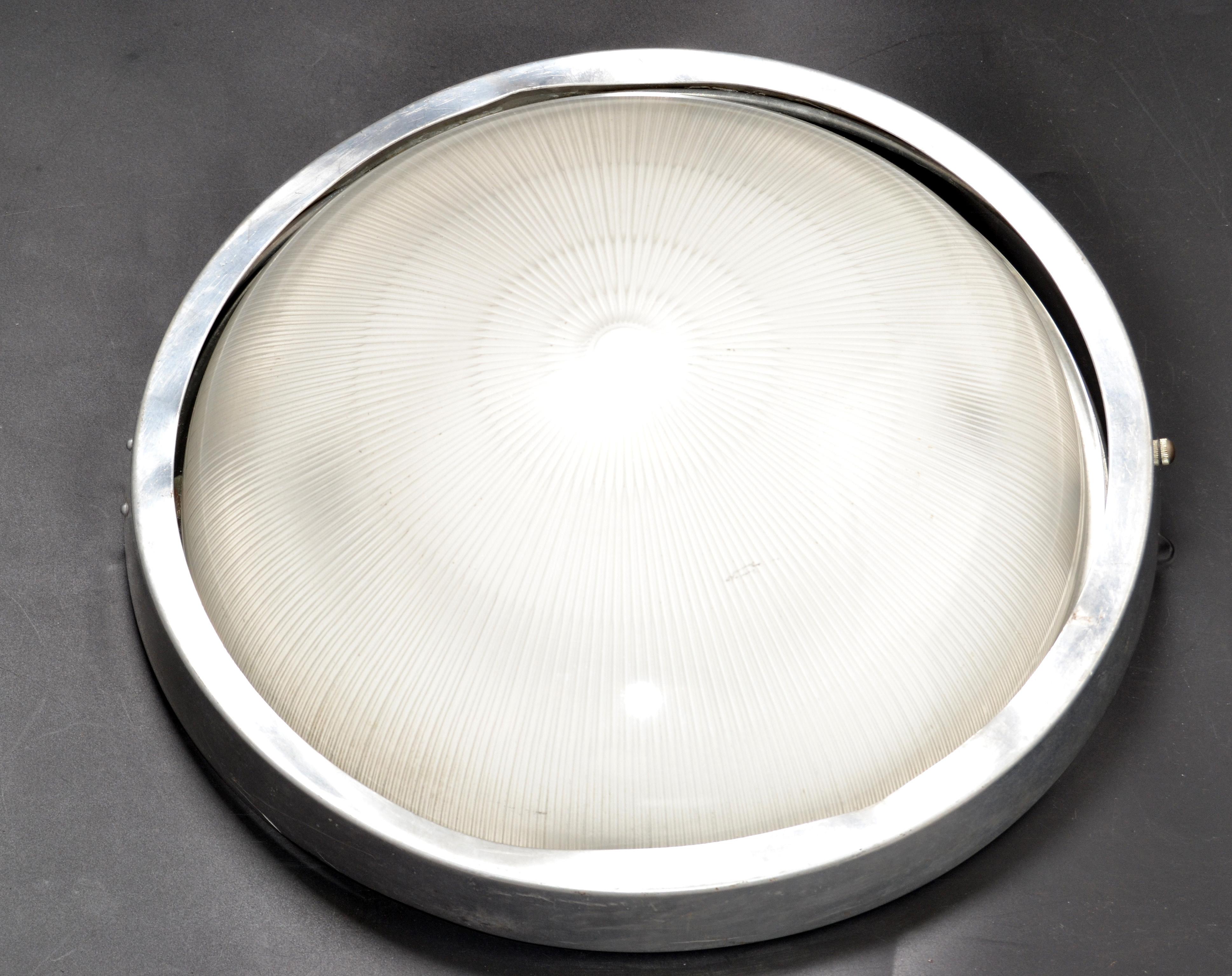 Large Marine Flush Mount, Ceiling Light in Aluminum & Glass by Holophane France For Sale 1