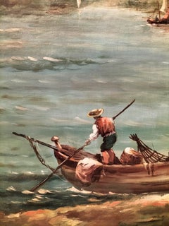 Large Marine Oil-on-Canvas "Breton Fisherman" in Original Frame, 19th Century