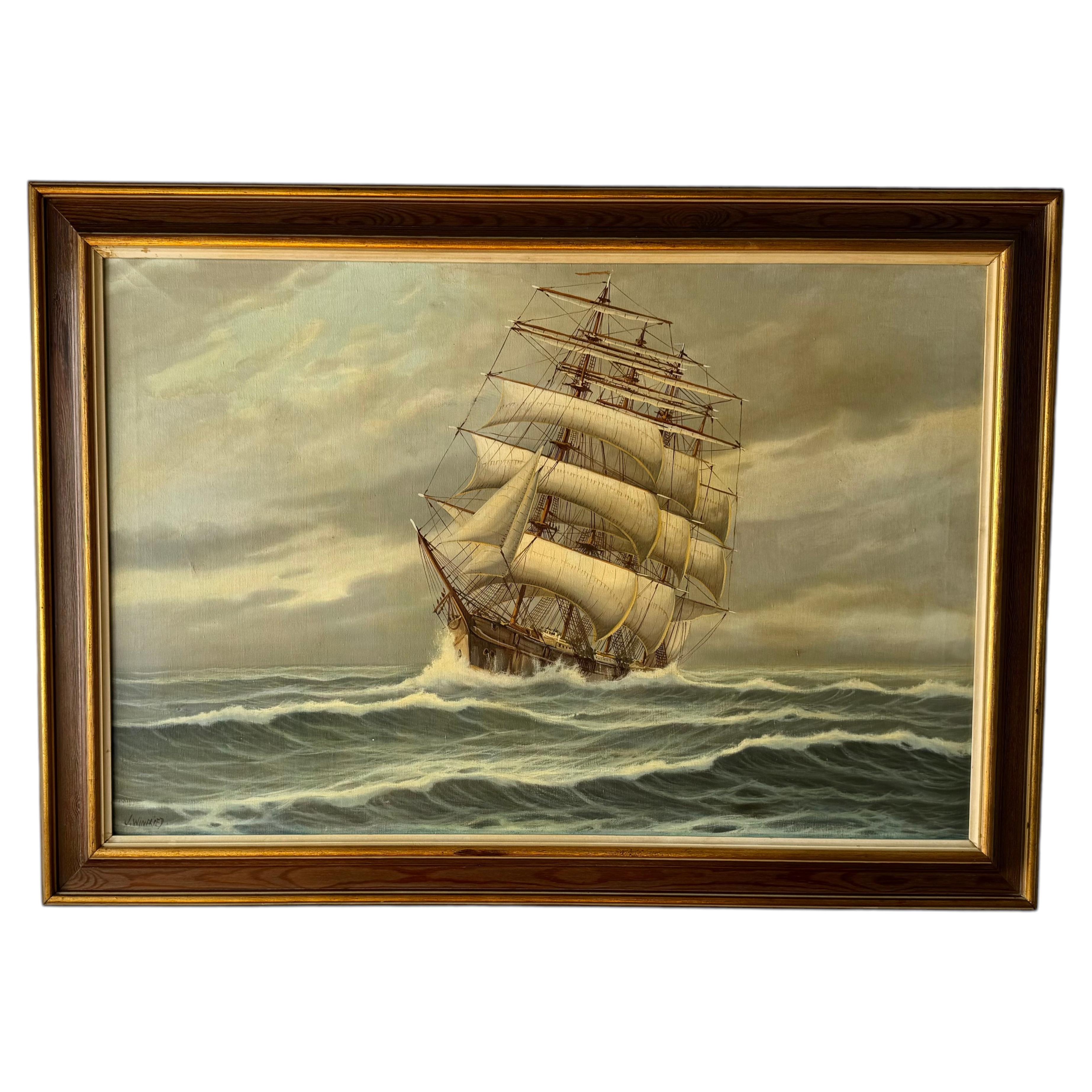 Large Maritime Oil on Canvas, "Clipper Ship in Heavy Seas, " Signed J. Winfried