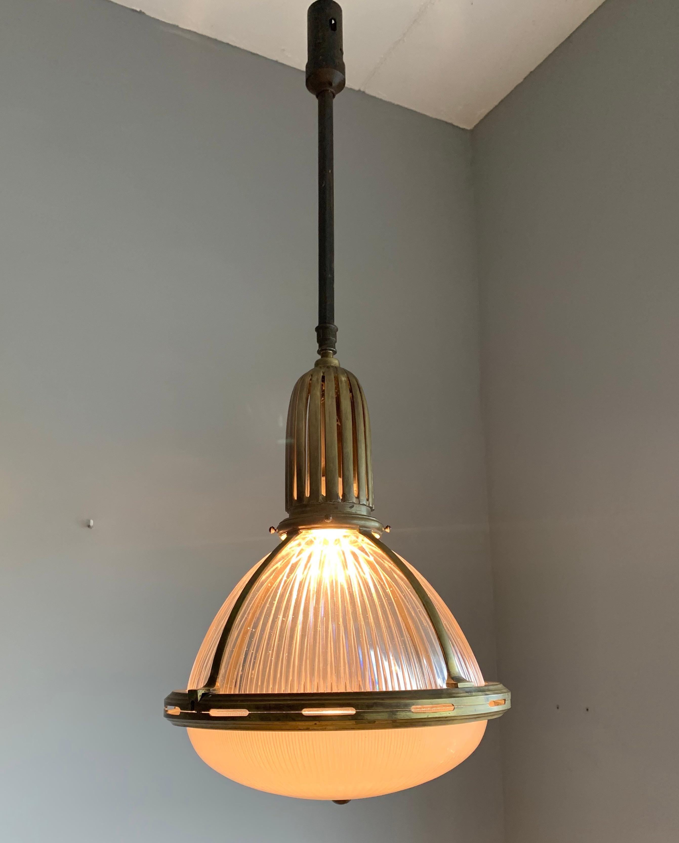 Large & Marked Industrial Arts & Crafts Holophane Bronze and Glass Pendant Light 8