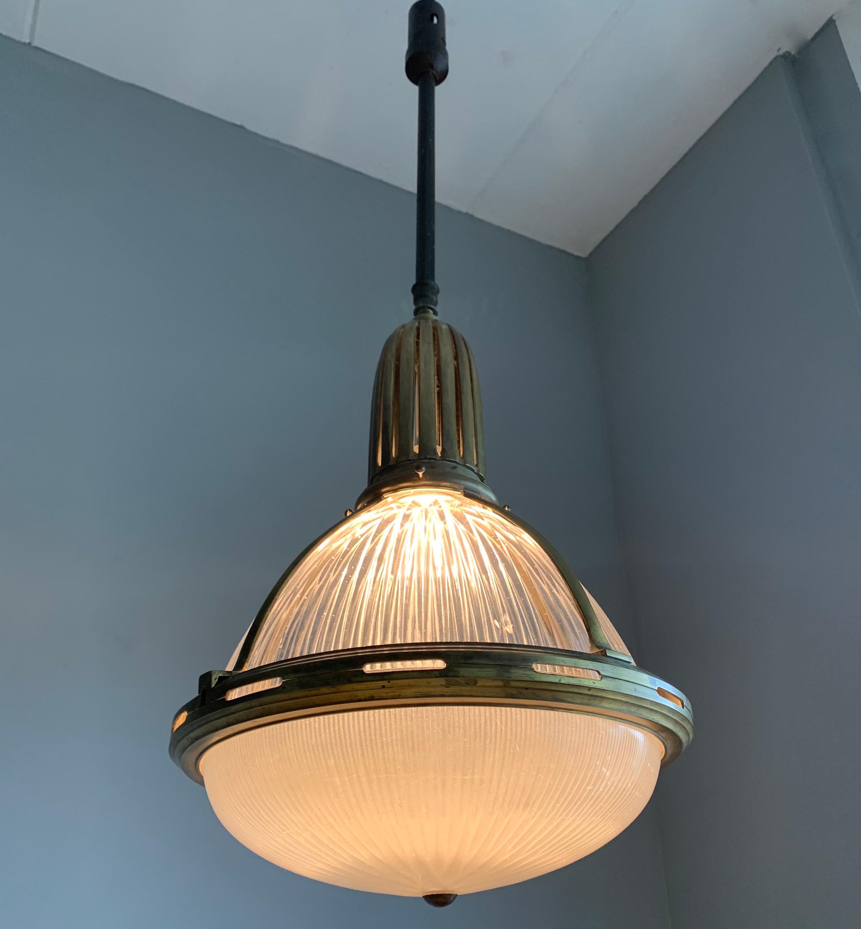 Large & Marked Industrial Arts & Crafts Holophane Bronze and Glass Pendant Light For Sale 2