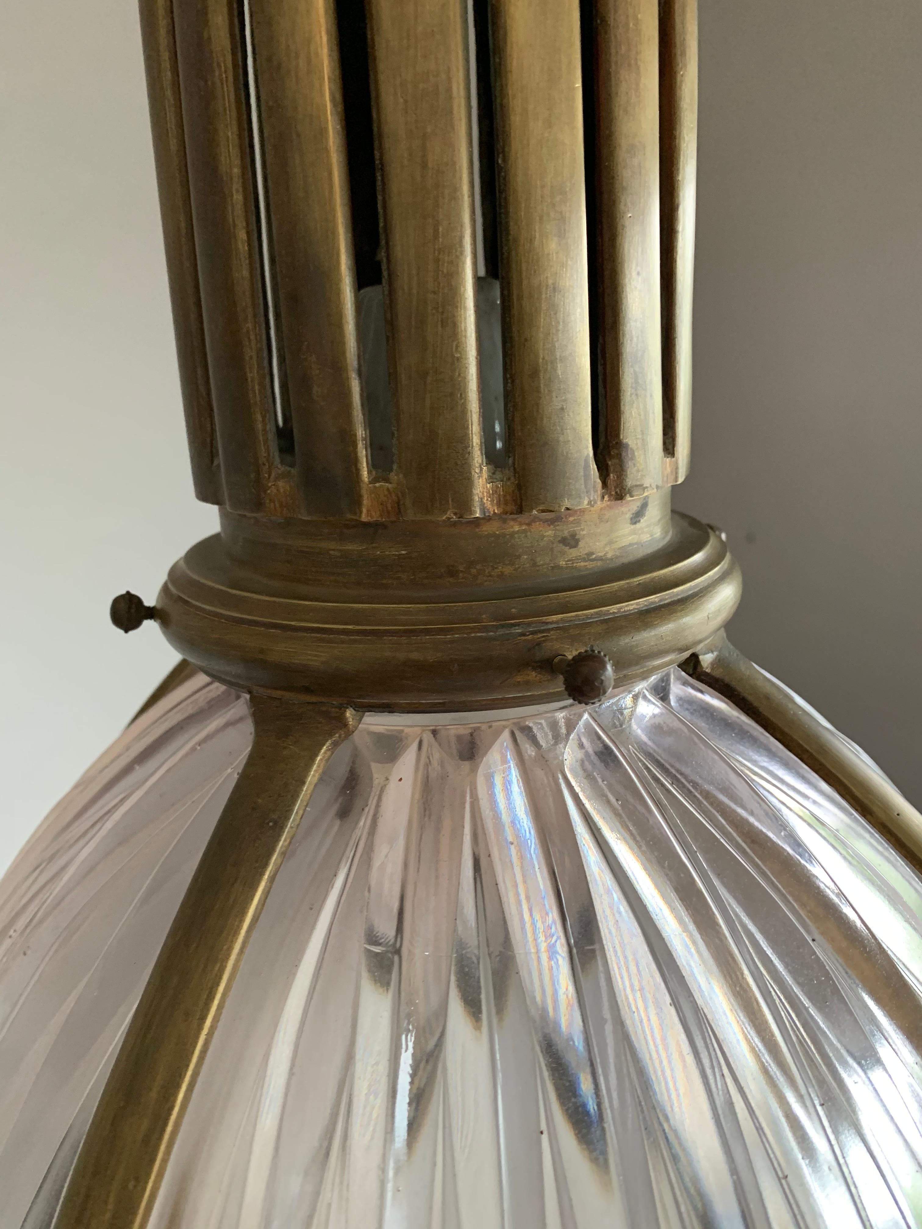 Large & Marked Industrial Arts & Crafts Holophane Bronze and Glass Pendant Light For Sale 10