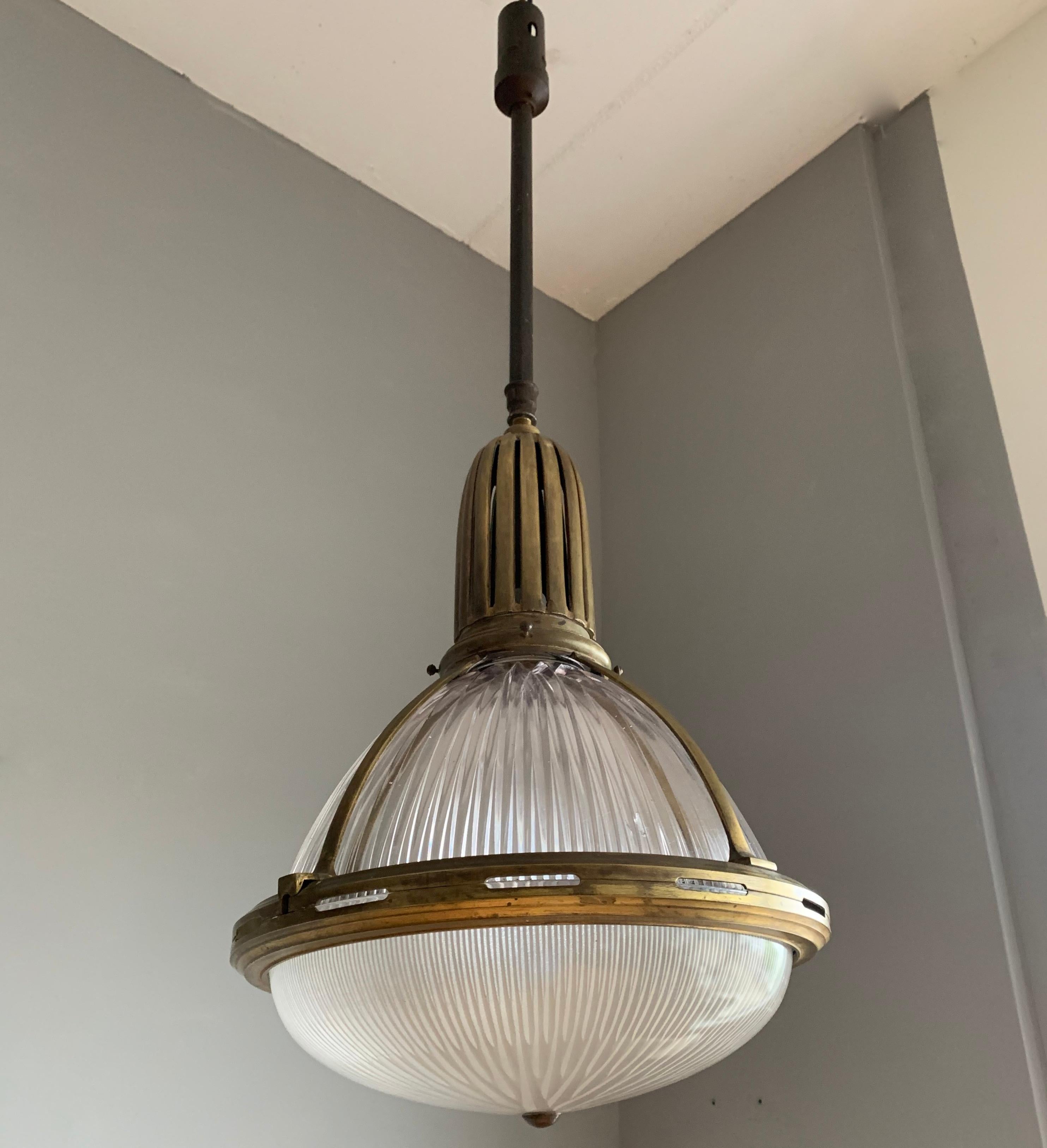 Large & Marked Industrial Arts & Crafts Holophane Bronze and Glass Pendant Light For Sale 11