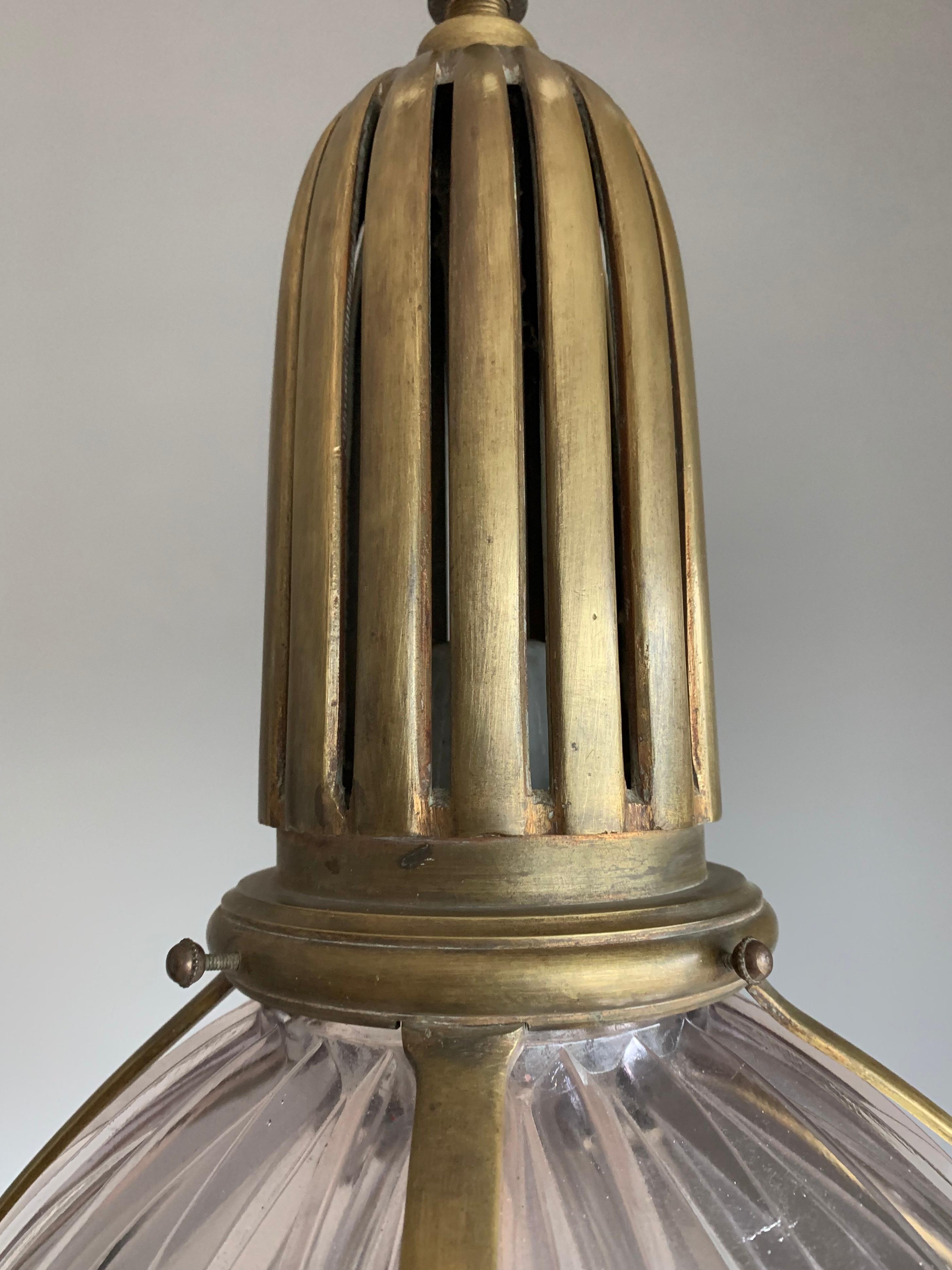 20th Century Large & Marked Industrial Arts & Crafts Holophane Bronze and Glass Pendant Light