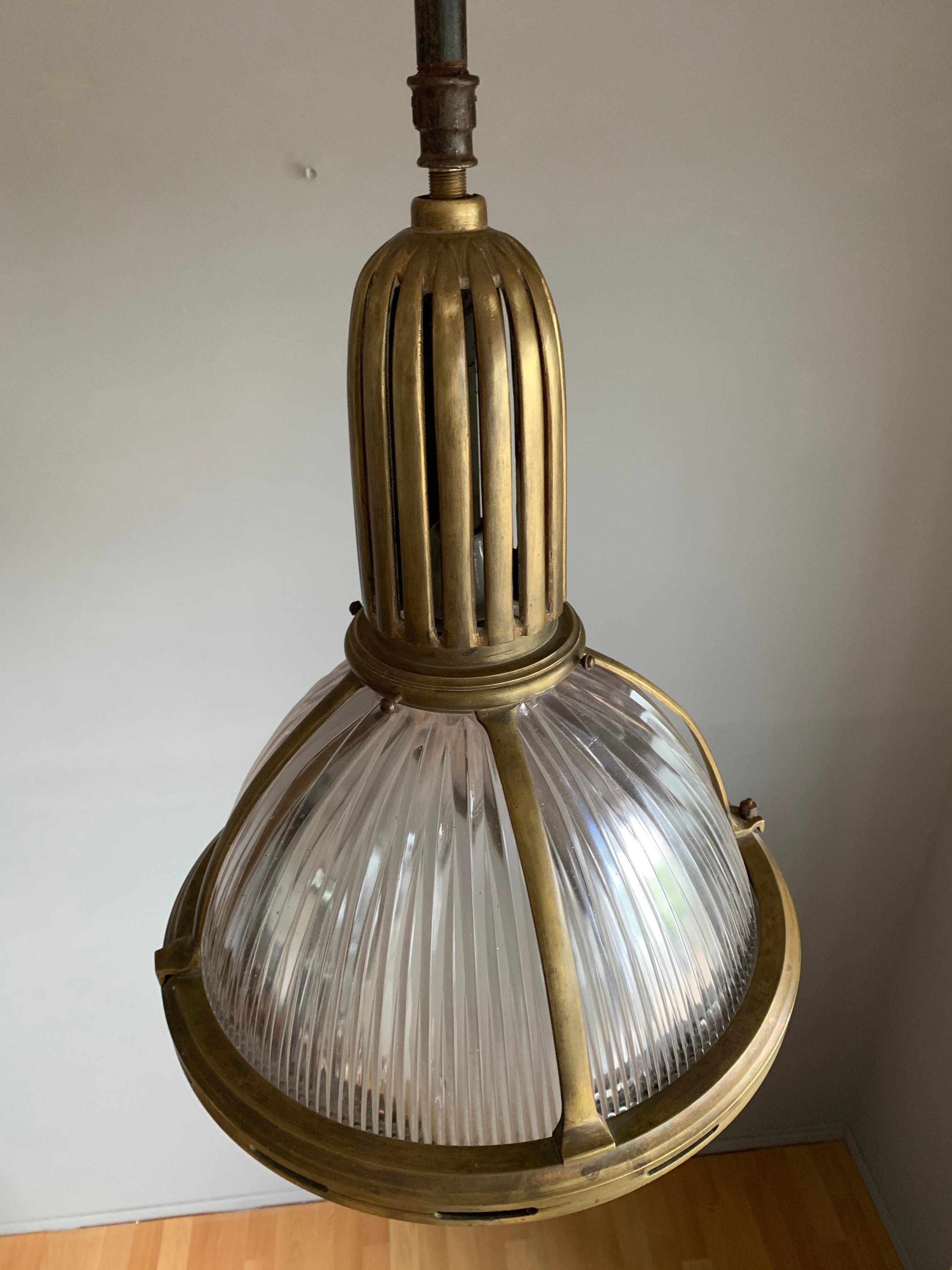 Large & Marked Industrial Arts & Crafts Holophane Bronze and Glass Pendant Light In Good Condition In Lisse, NL
