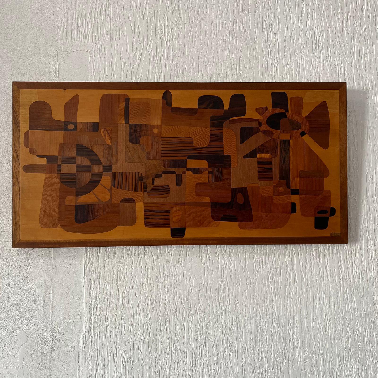 Fruitwood Large Marquetry Geometric Panel Wall Art, Mid Century Modern For Sale