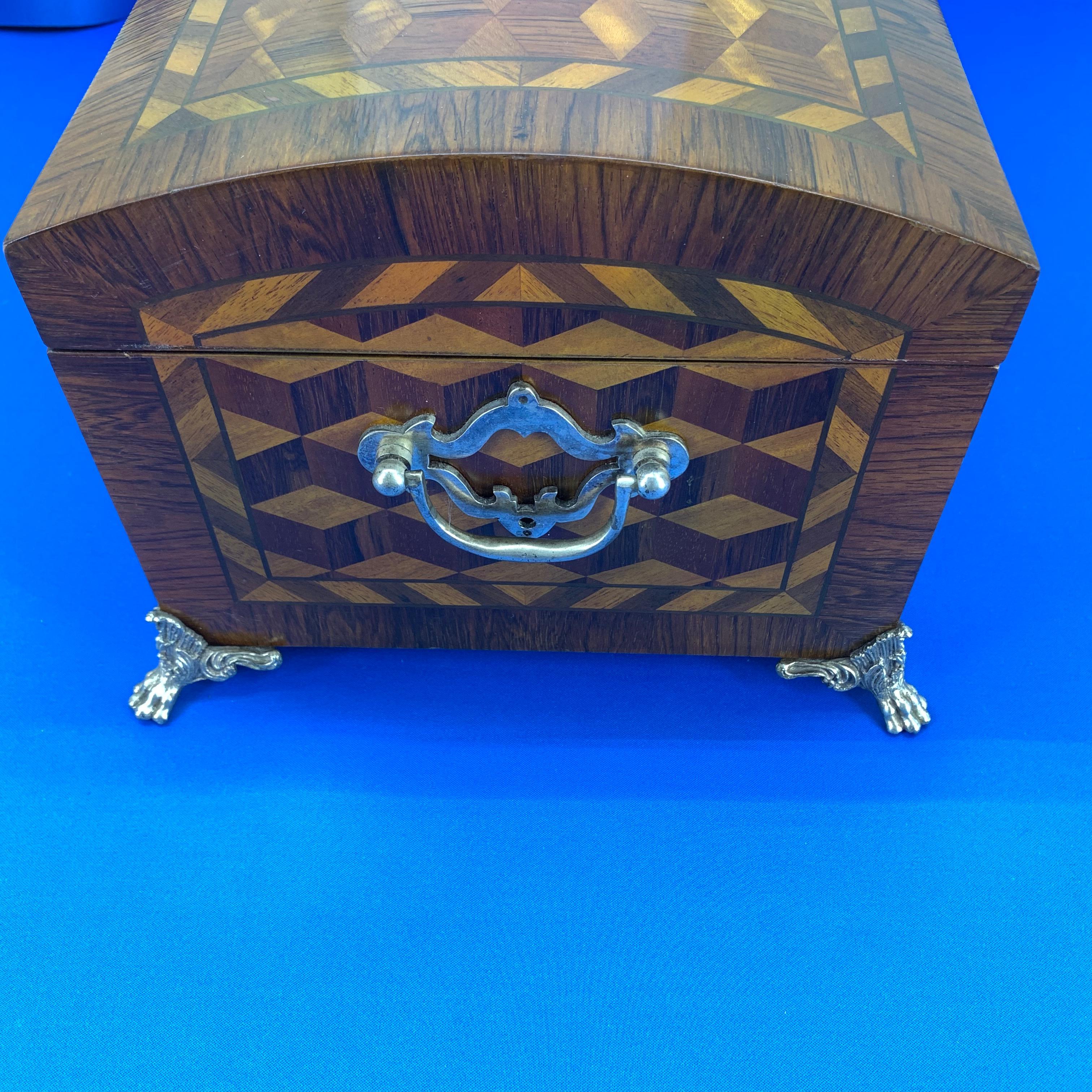 Large Marquetry Jewelry Box with Dome Lid and Gilded Feet In Good Condition In Haddonfield, NJ