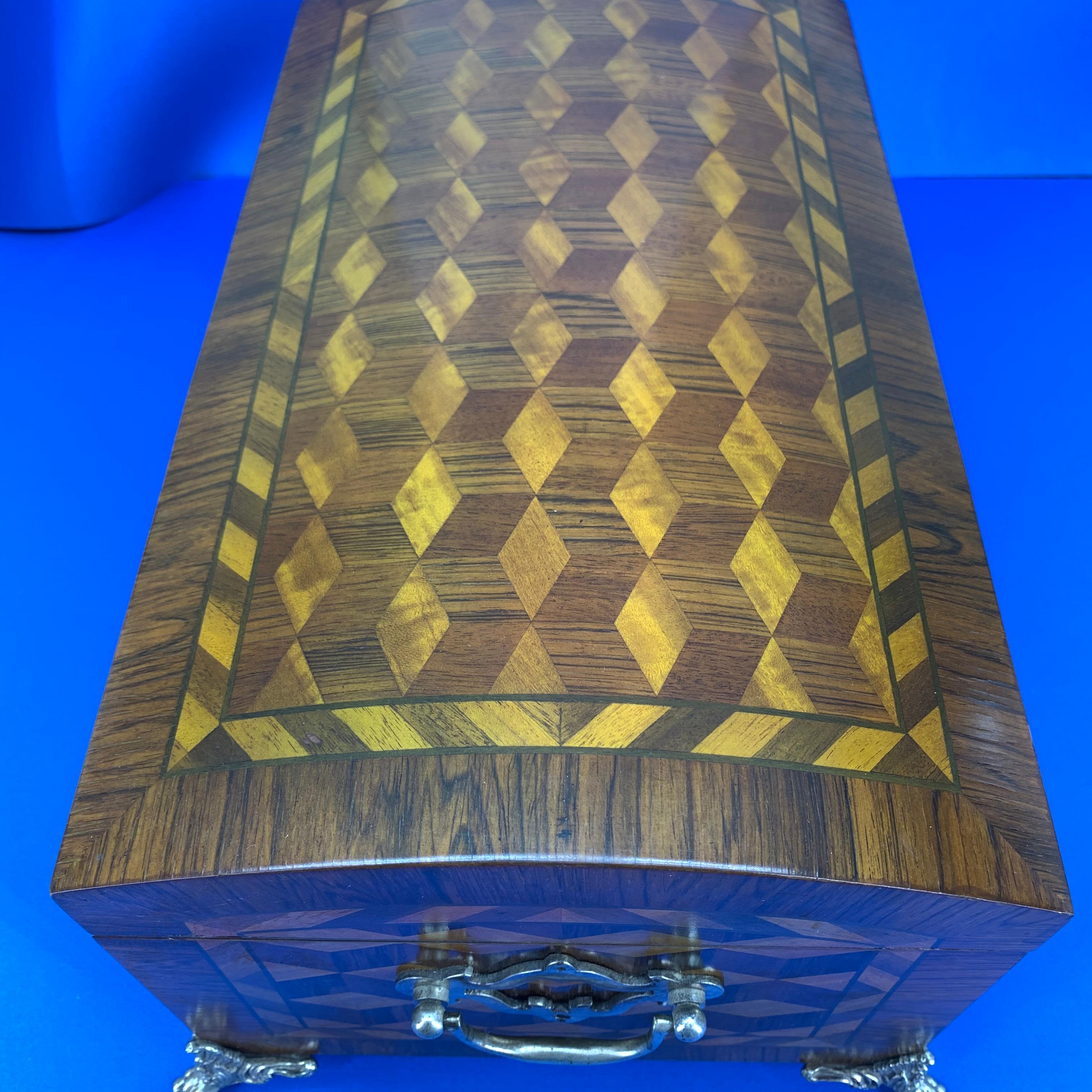 20th Century Large Marquetry Jewelry Box with Dome Lid and Gilded Feet