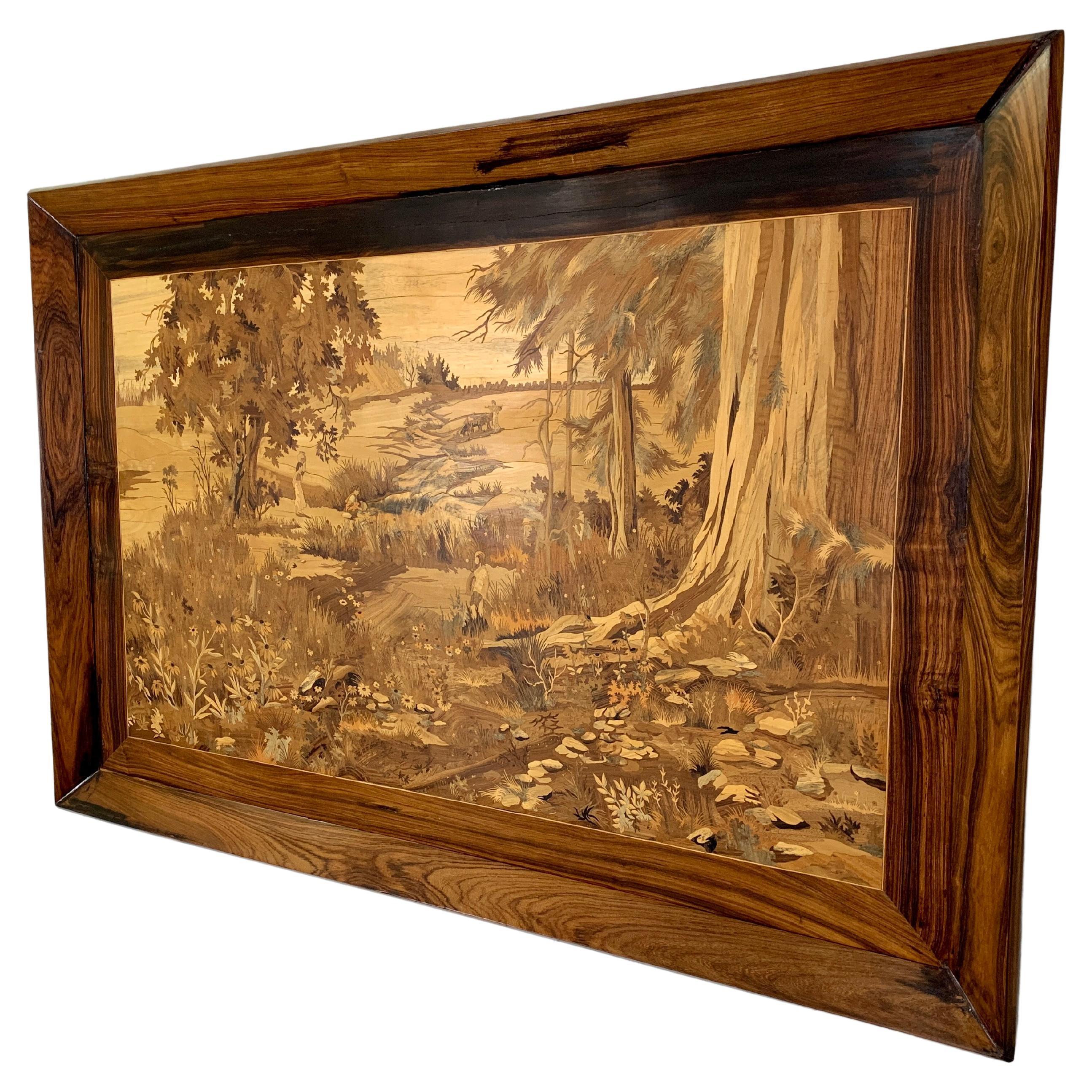 Antique forested design of marquetry with people foraging in an ancient forest. A variety of woods were used to give this depiction a lot of depth.
