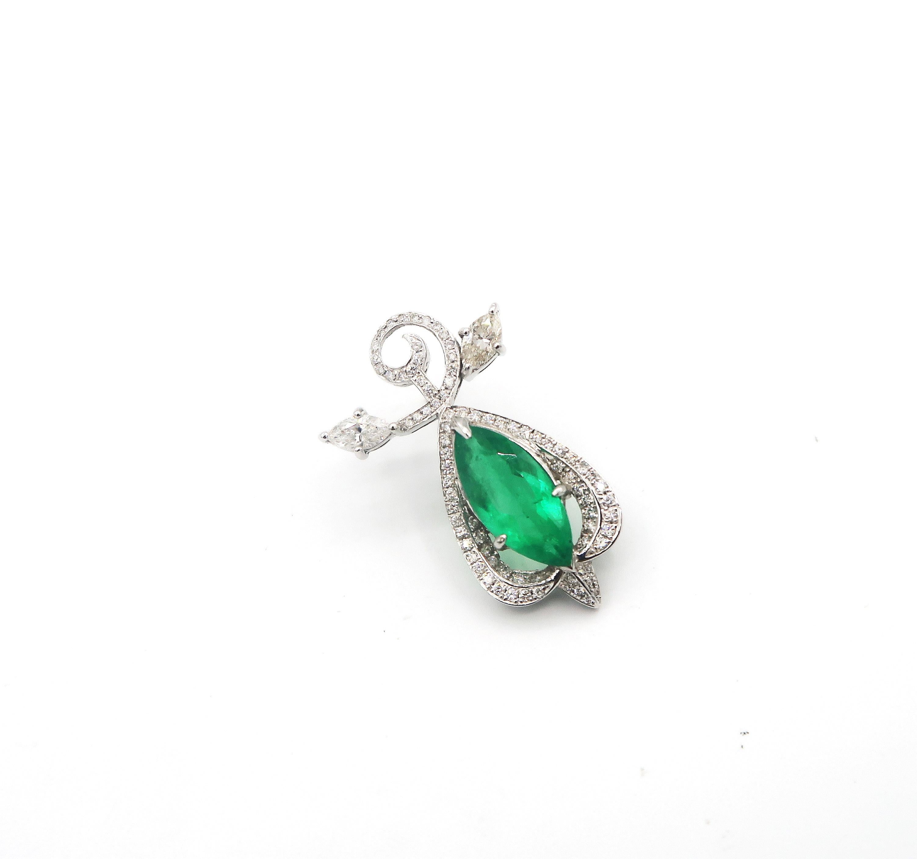 Mixed Cut Large Marquis Shaped Emerald with Diamond Fruit Motif 18 Karat Gold Earring For Sale