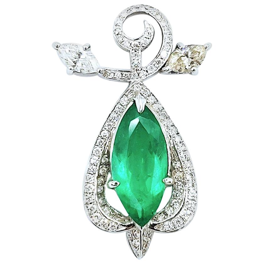 Large Marquis Shaped Emerald with Diamond Fruit Motif 18 Karat Gold Earring For Sale