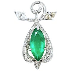 Large Marquis Shaped Emerald with Diamond Fruit Motif 18 Karat Gold Earring