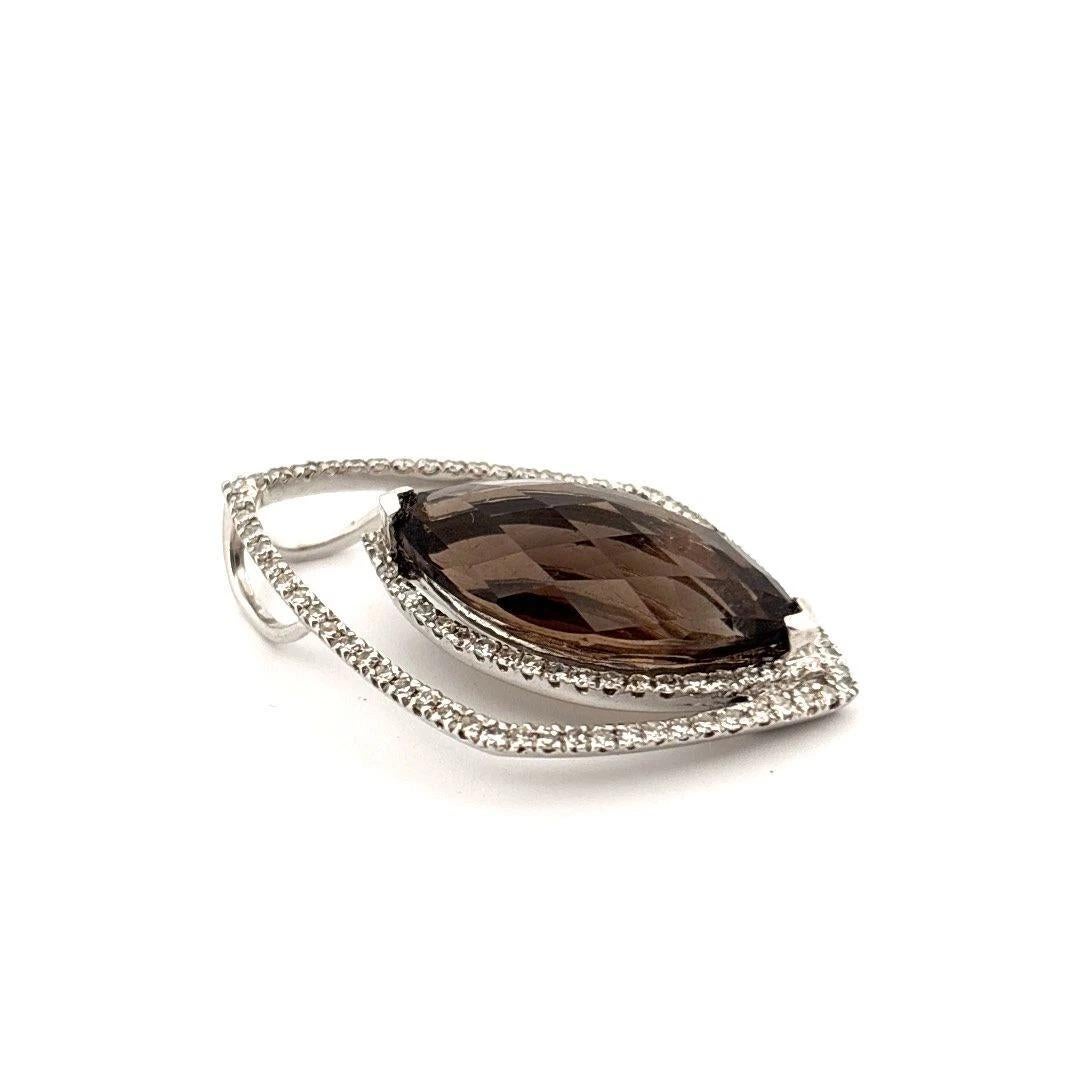 Marquise Cut Large Marquise Smoky Quartz & Natural 6CT Diamond Pave 14K White Gold Pendant For Sale