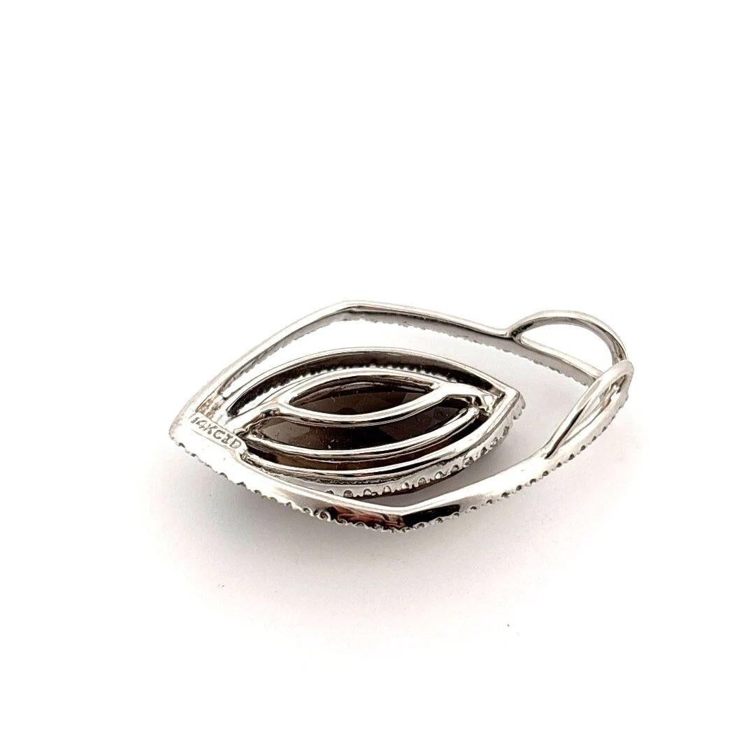 Large Marquise Smoky Quartz & Natural 6CT Diamond Pave 14K White Gold Pendant In Excellent Condition For Sale In Carmel By The Sea, CA