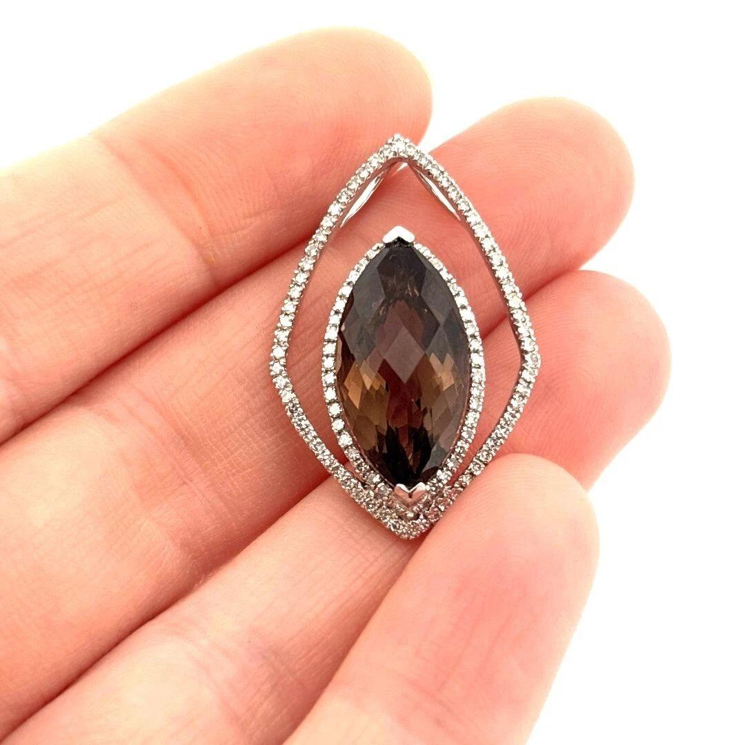 Women's Large Marquise Smoky Quartz & Natural 6CT Diamond Pave 14K White Gold Pendant For Sale