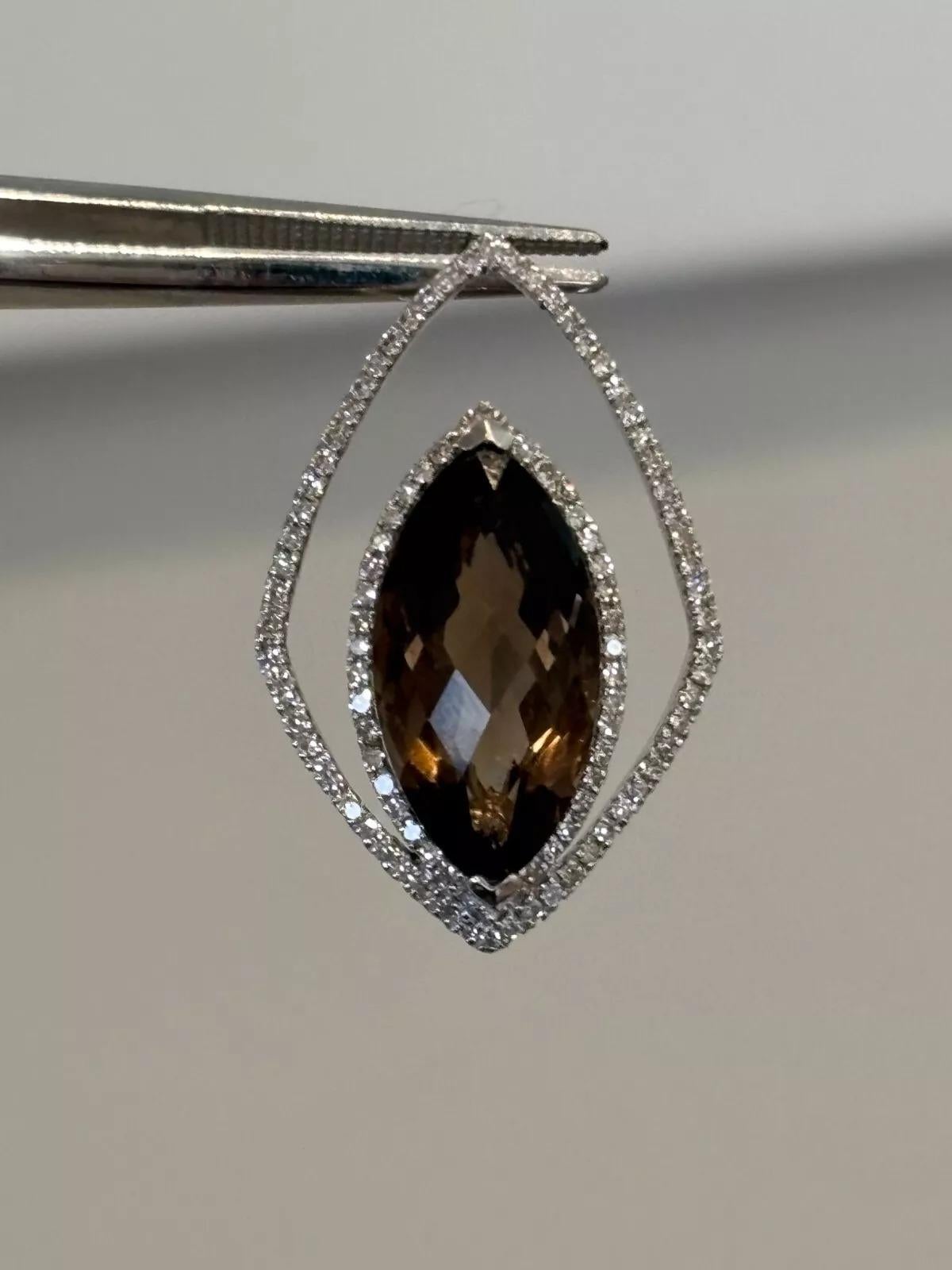 Large Marquise Smoky Quartz & Natural 6CT Diamond Pave 14K White Gold Pendant For Sale 1