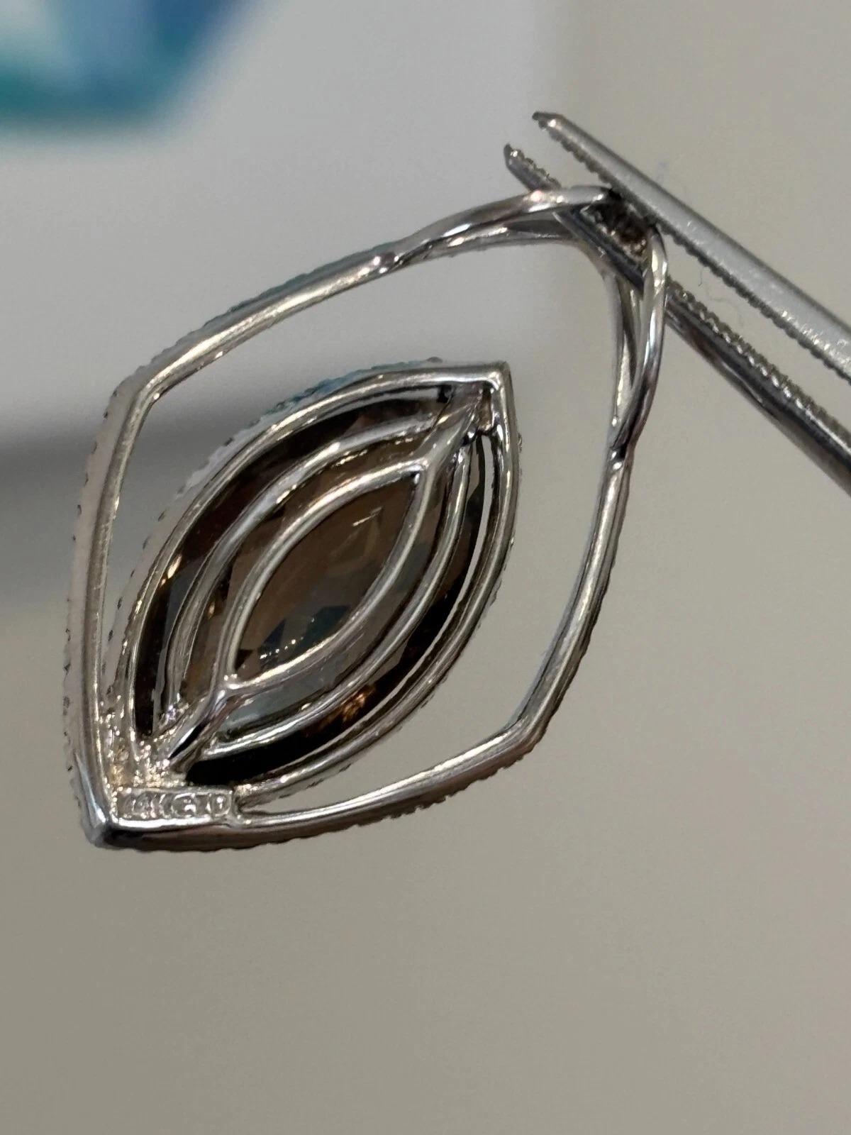 Large Marquise Smoky Quartz & Natural 6CT Diamond Pave 14K White Gold Pendant For Sale 2